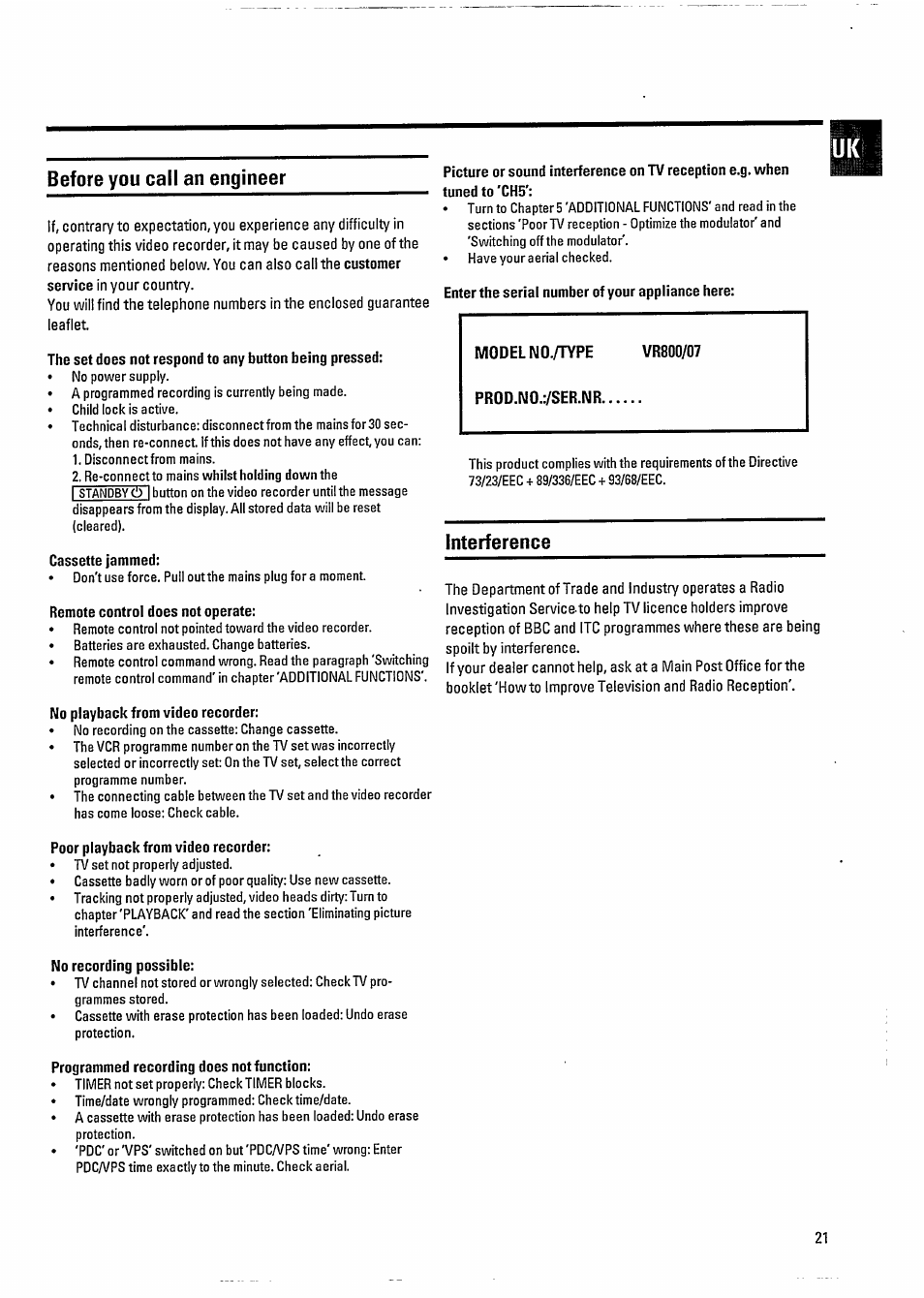 Before you call an engineer, Interference | Philips VR800 User Manual | Page 25 / 28