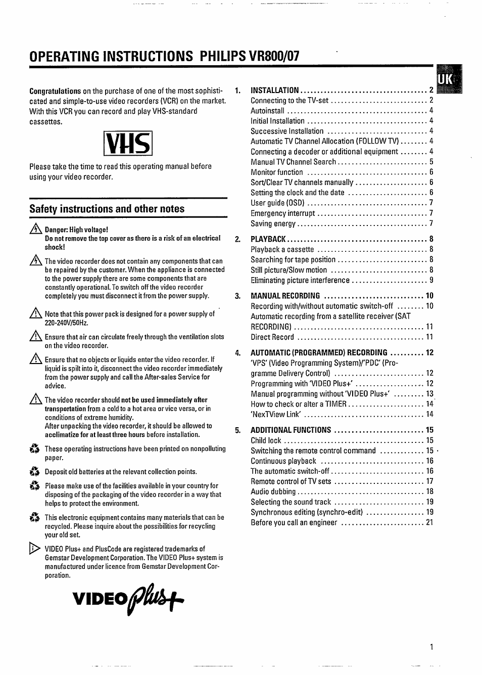 Operating instructions philips vr800/07, Safety instructions and other notes, Video | Philips VR800 User Manual | Page 5 / 28