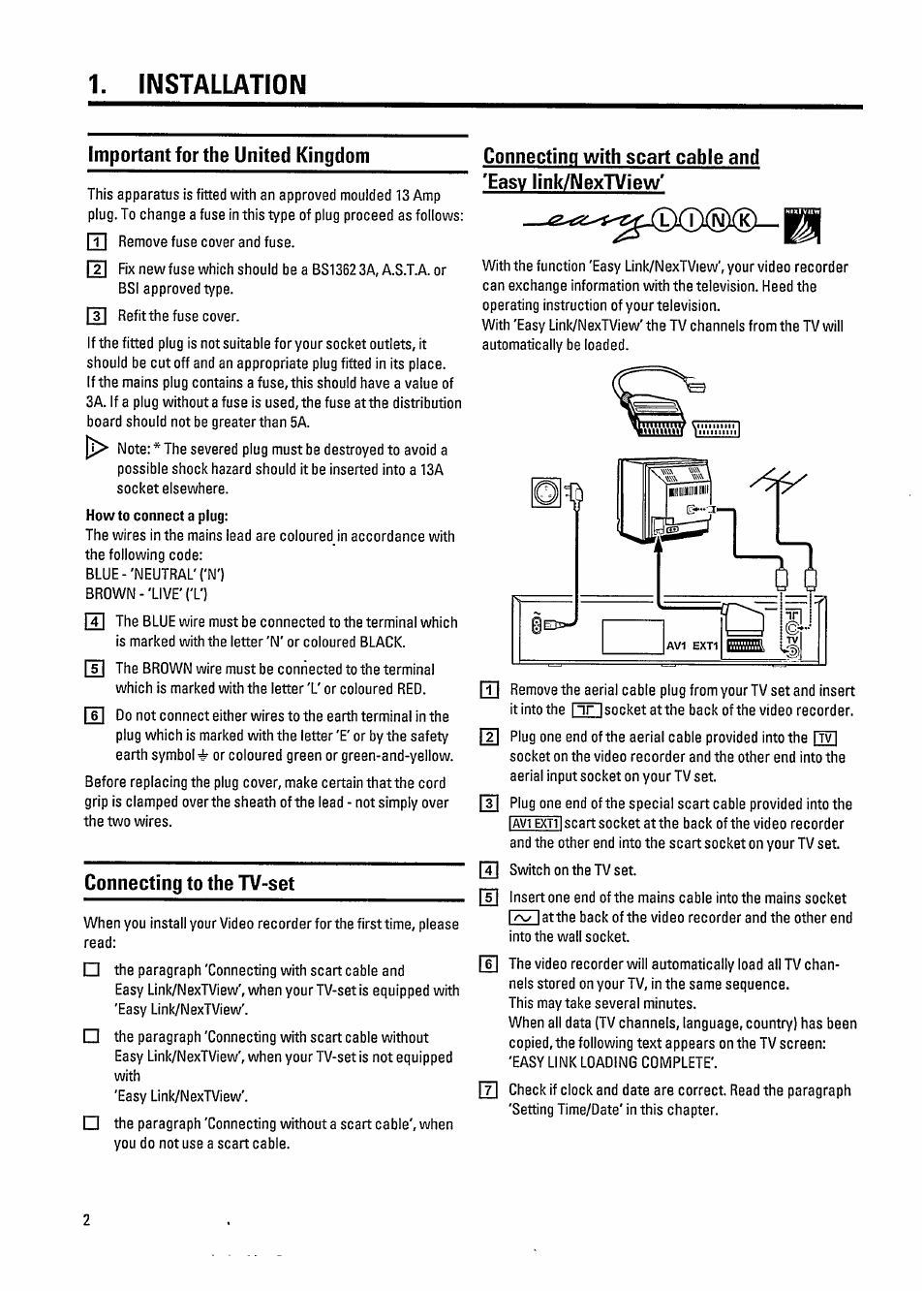 Installation, Important for the united kingdom, Connecting to the tv-set | Philips VR800 User Manual | Page 6 / 28