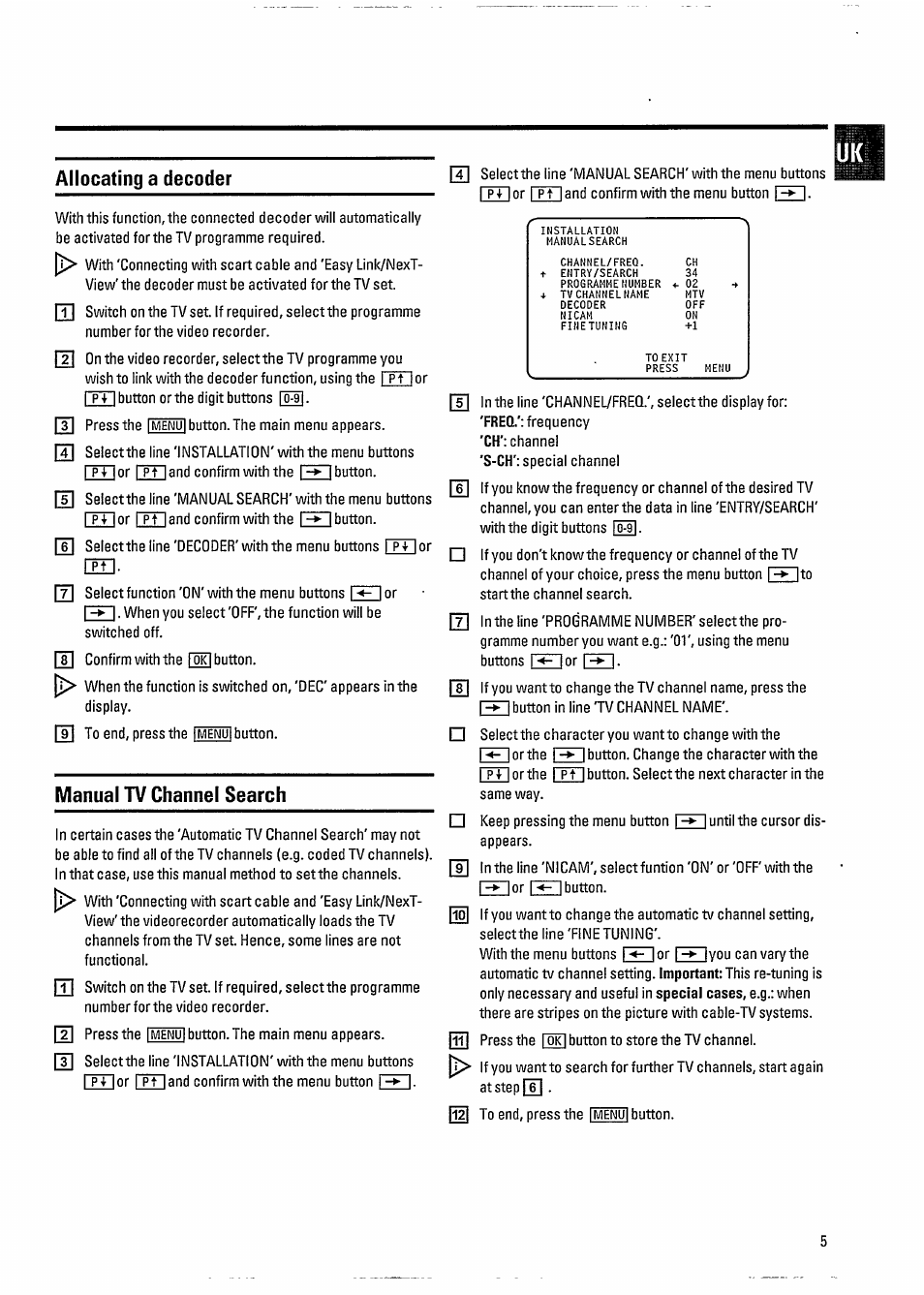 Allocating a decoder, Manual tv channel search | Philips VR800 User Manual | Page 9 / 28