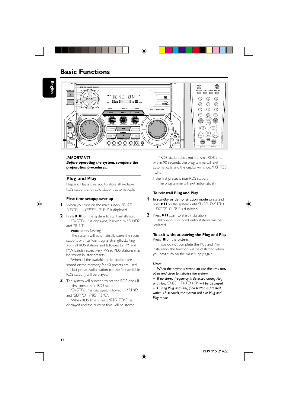 Basic functions, Plug and play | Philips FW-M355 User Manual | Page 12 / 30
