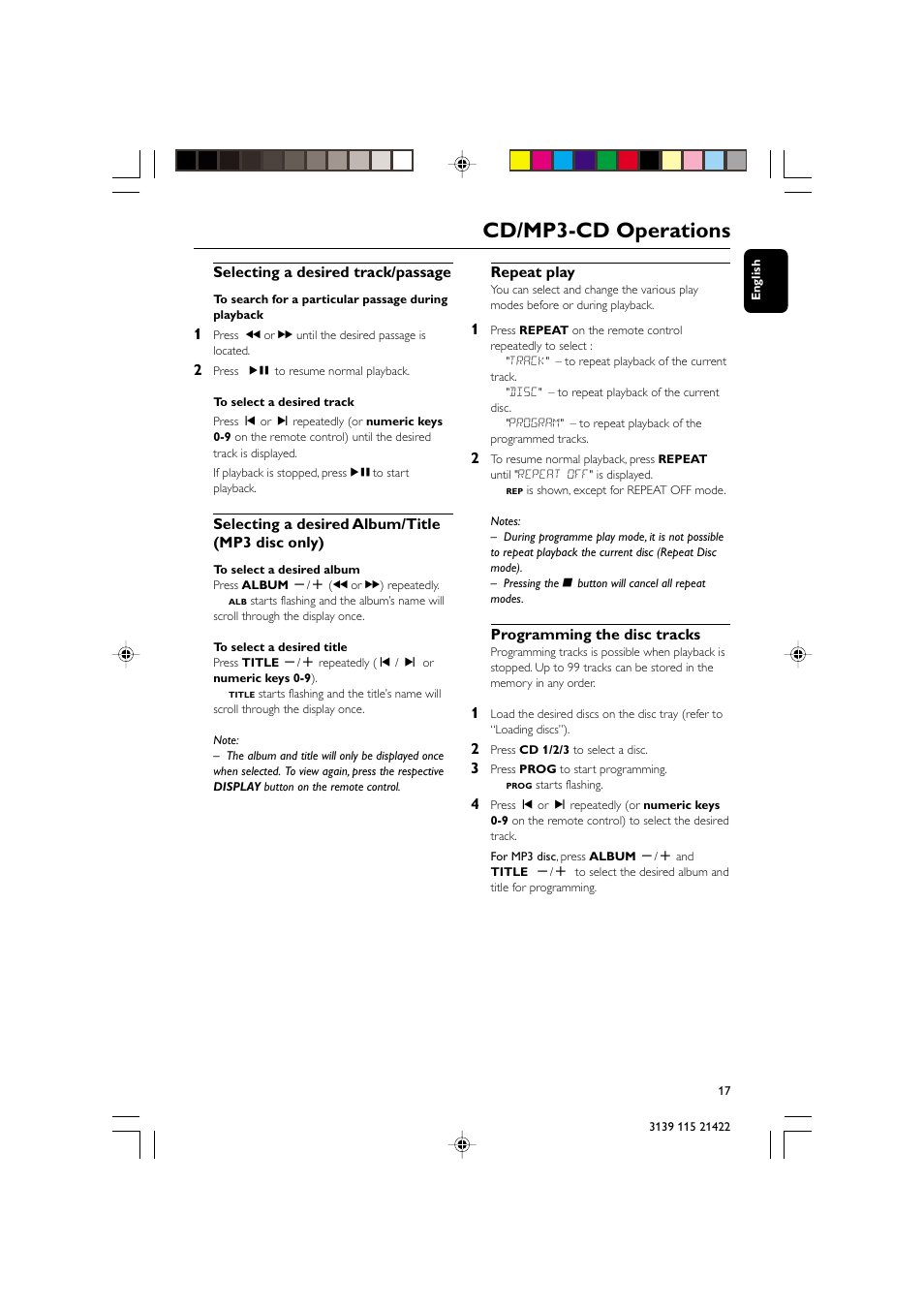 Cd/mp3-cd operations, Selecting a desired track/passage, Selecting a desired album/title (mp3 disc only) | Repeat play, Programming the disc tracks | Philips FW-M355 User Manual | Page 17 / 30