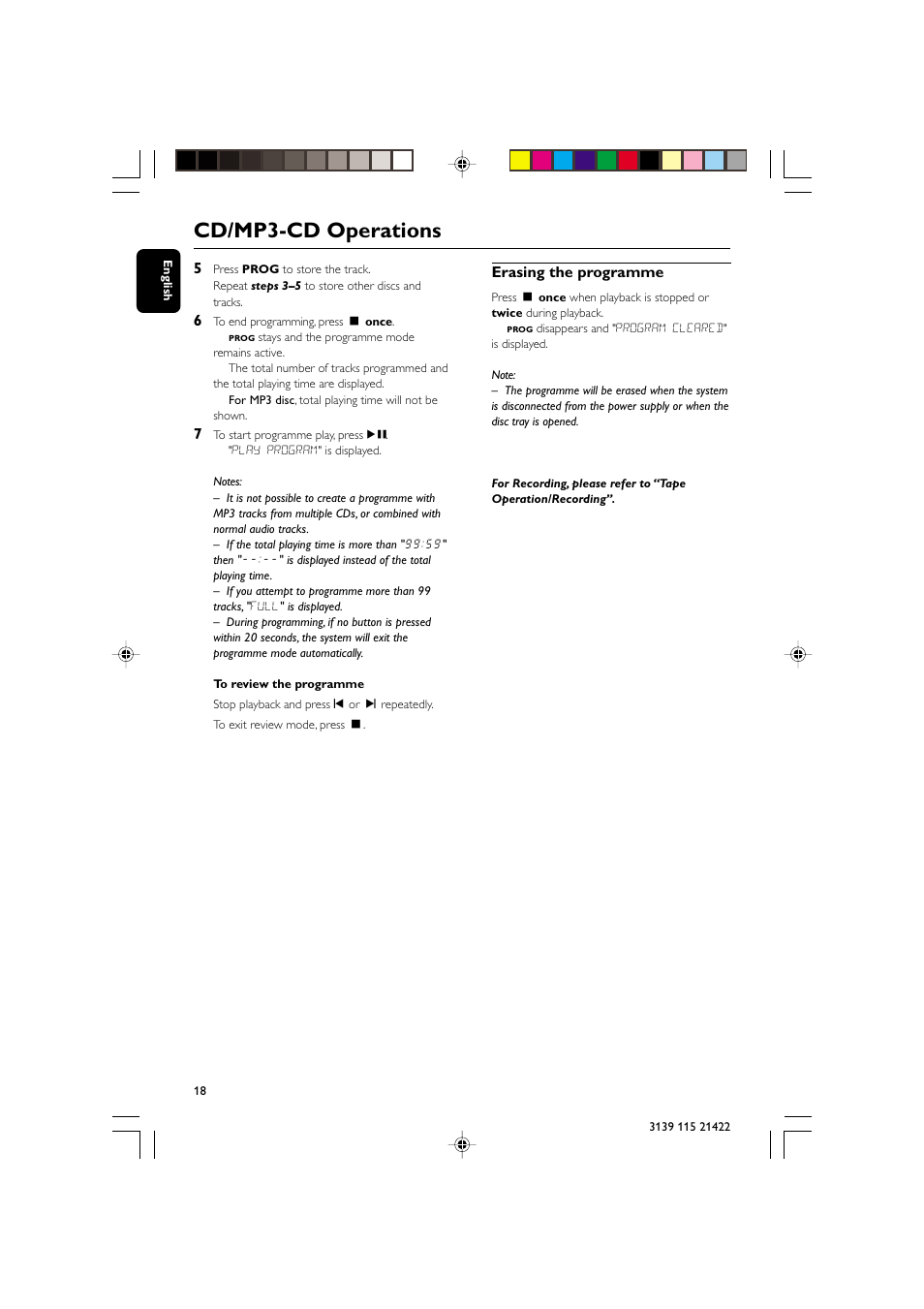 Cd/mp3-cd operations, Erasing the programme | Philips FW-M355 User Manual | Page 18 / 30