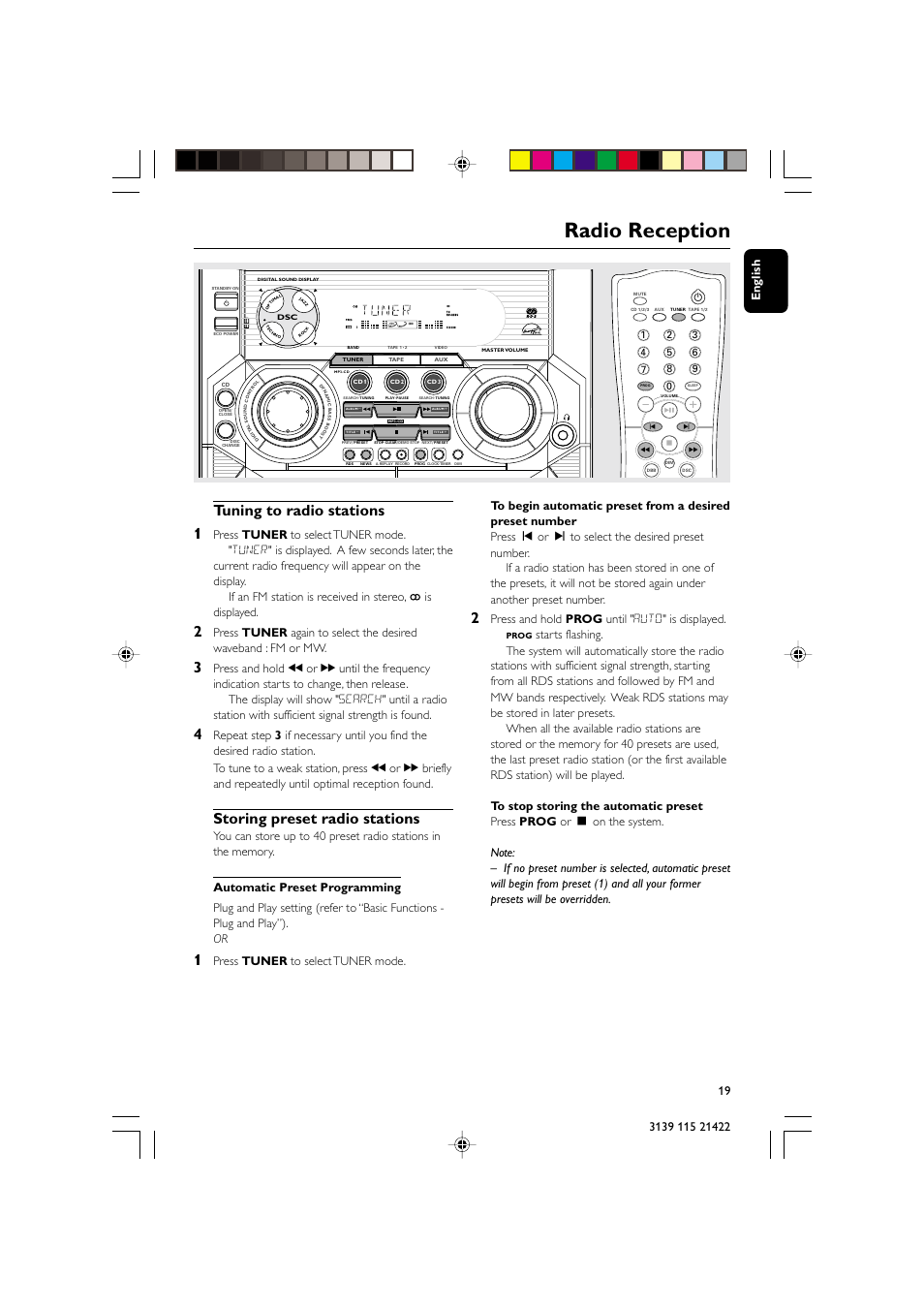 Radio reception, Tuning to radio stations 1, Storing preset radio stations | Press and hold prog until " auto" is displayed | Philips FW-M355 User Manual | Page 19 / 30