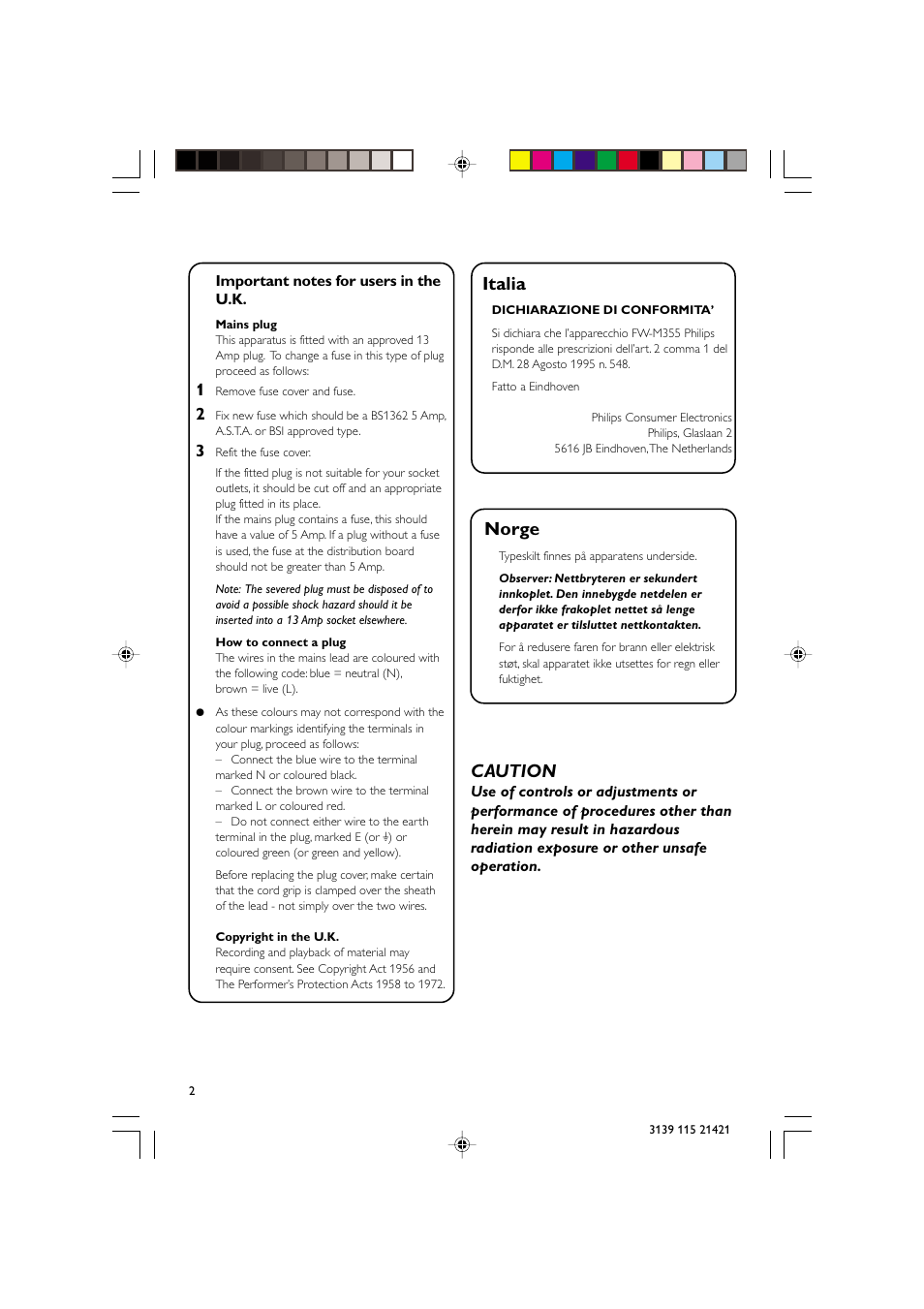 Norge, Italia, Caution | Philips FW-M355 User Manual | Page 2 / 30