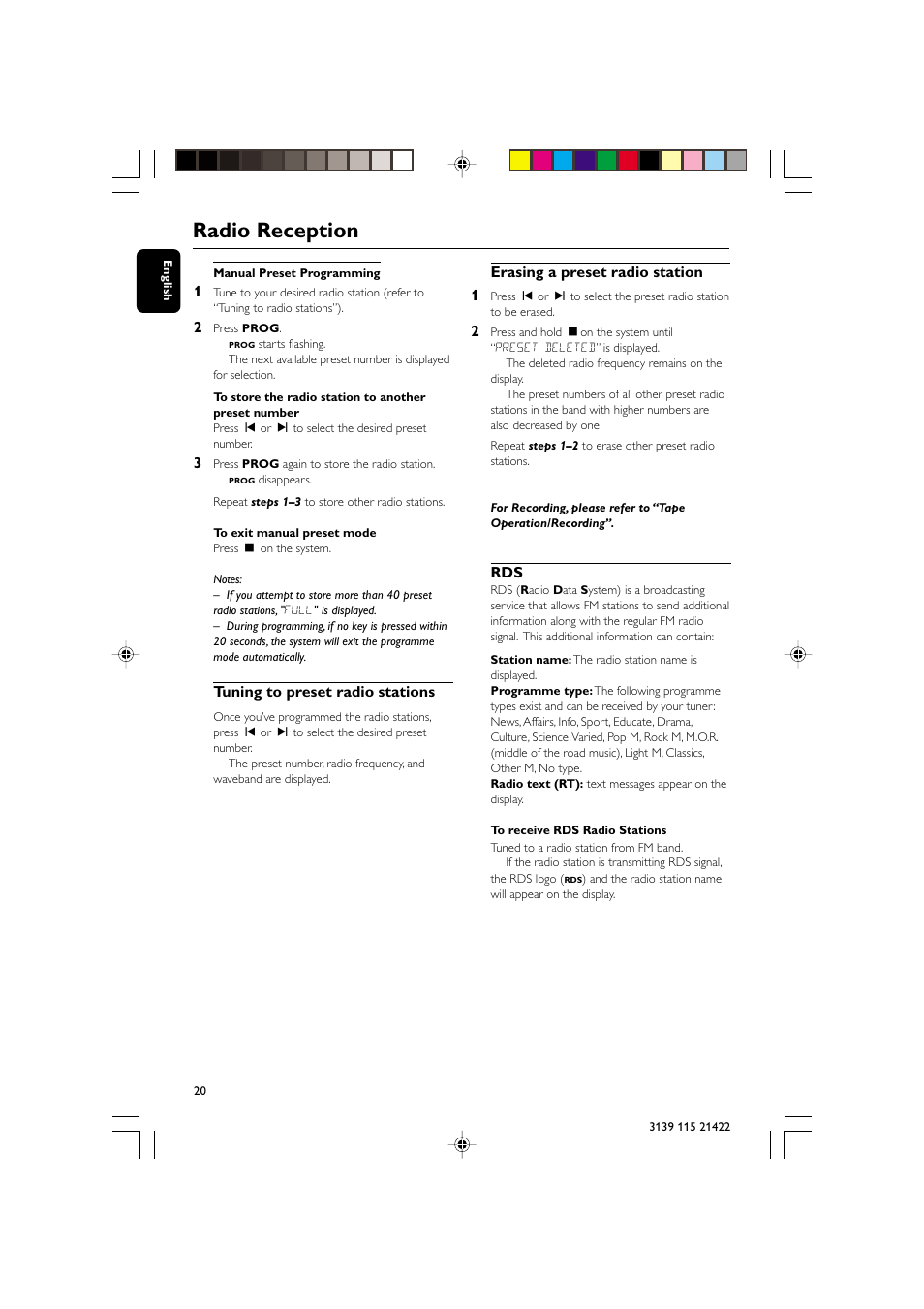 Radio reception, Tuning to preset radio stations, Erasing a preset radio station 1 | Philips FW-M355 User Manual | Page 20 / 30