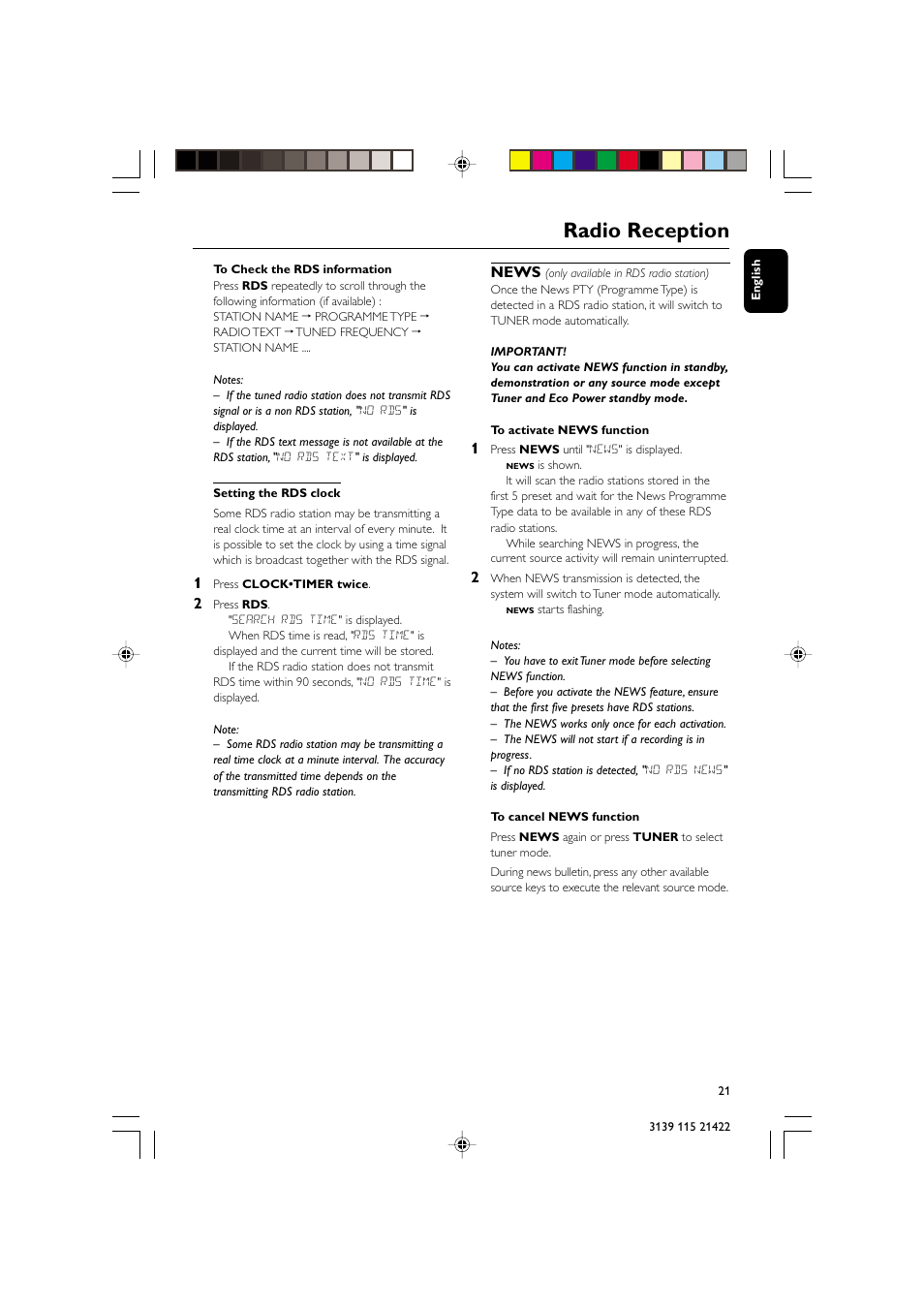 Radio reception, News | Philips FW-M355 User Manual | Page 21 / 30