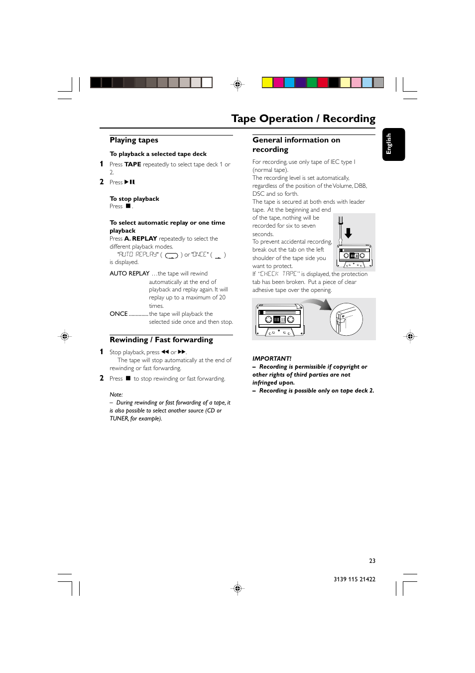 Tape operation / recording | Philips FW-M355 User Manual | Page 23 / 30