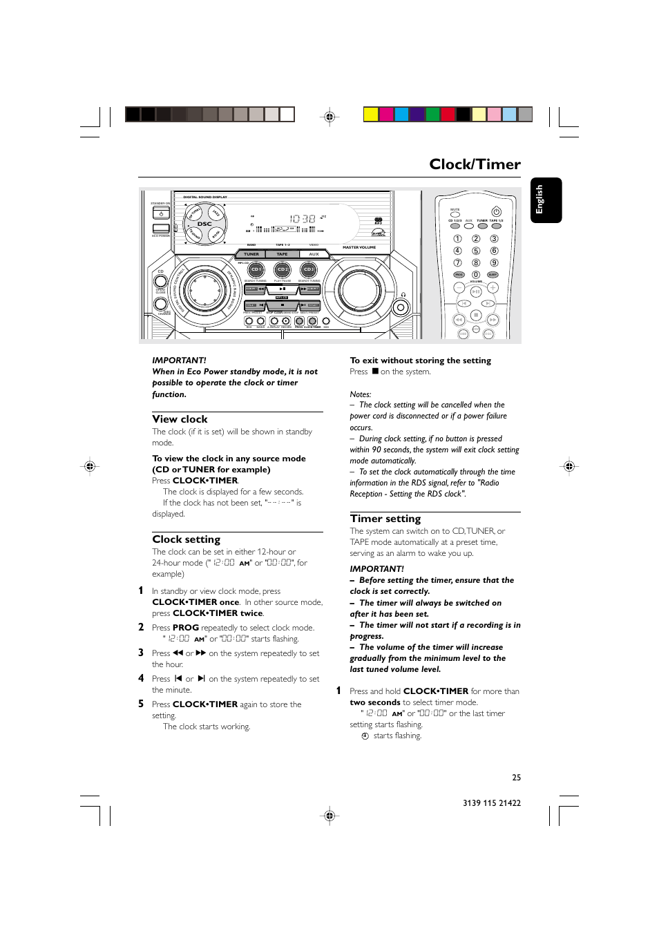 Clock/timer, View clock, Clock setting | Timer setting, Or " 00:00", for example), Or " 00:00" starts flashing | Philips FW-M355 User Manual | Page 25 / 30