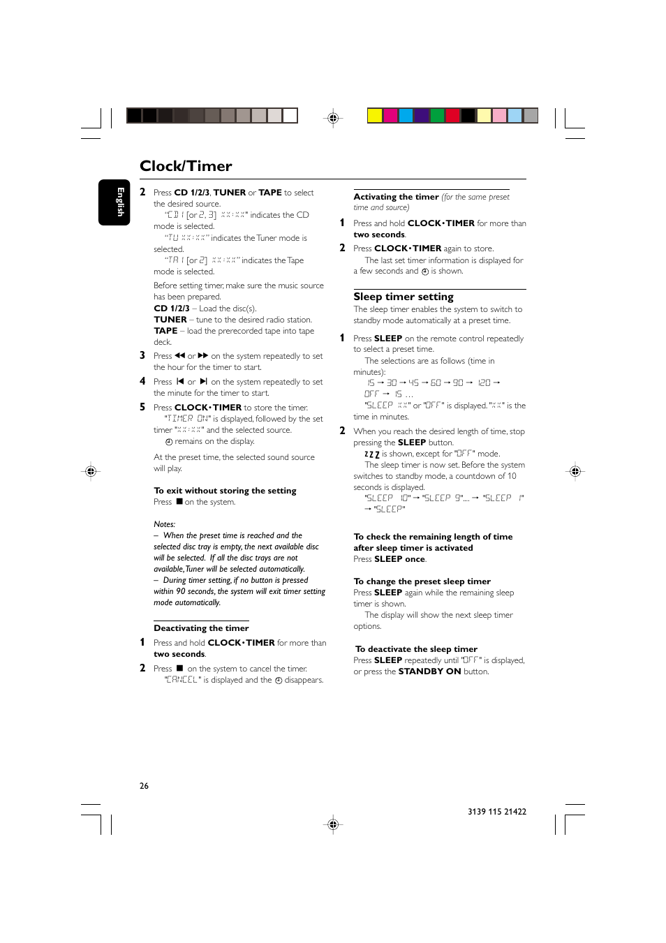 Clock/timer, Sleep timer setting | Philips FW-M355 User Manual | Page 26 / 30