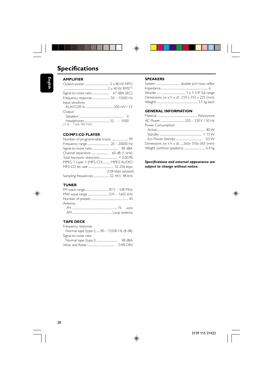 Specifications | Philips FW-M355 User Manual | Page 28 / 30