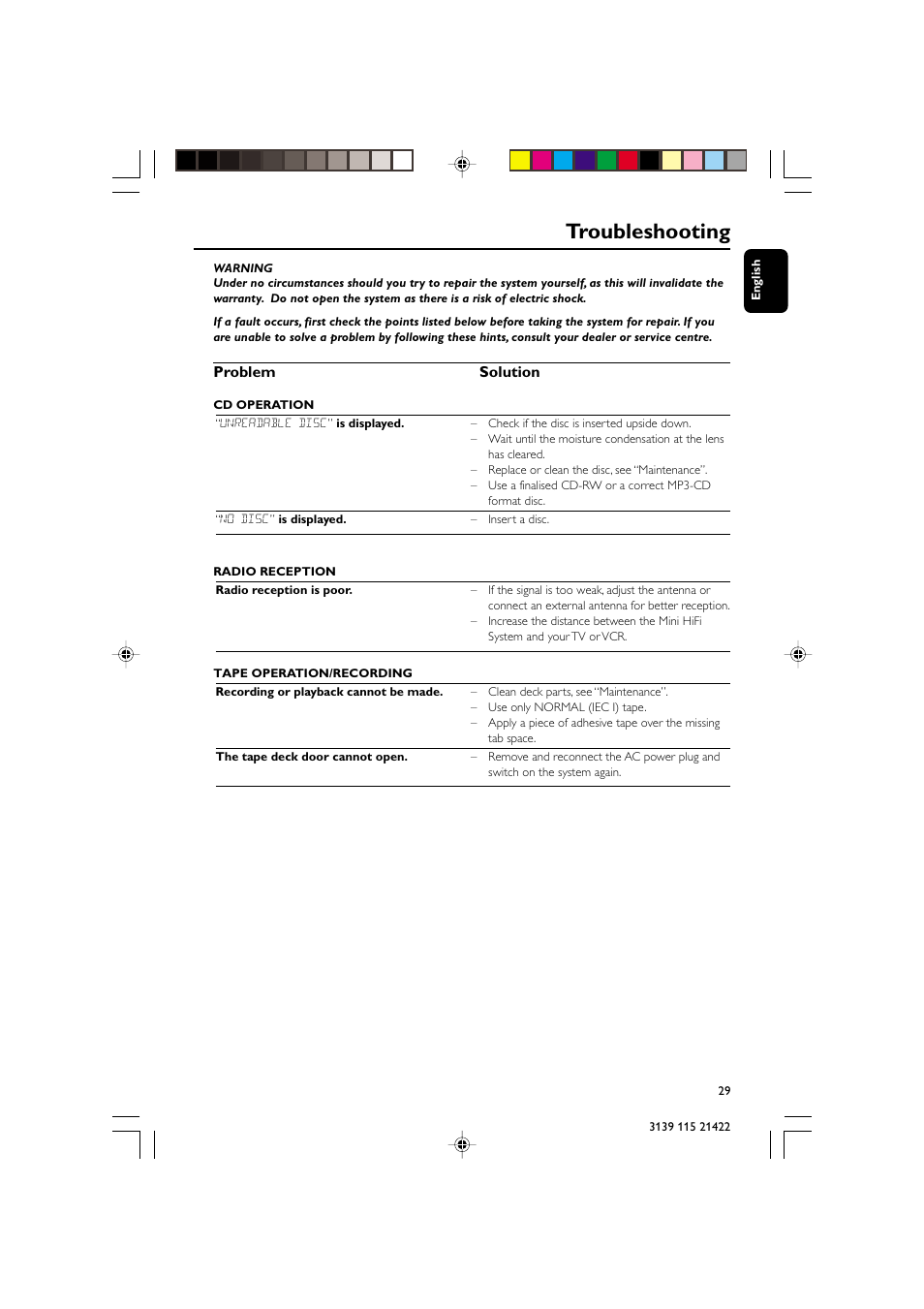 Troubleshooting, Problem solution | Philips FW-M355 User Manual | Page 29 / 30