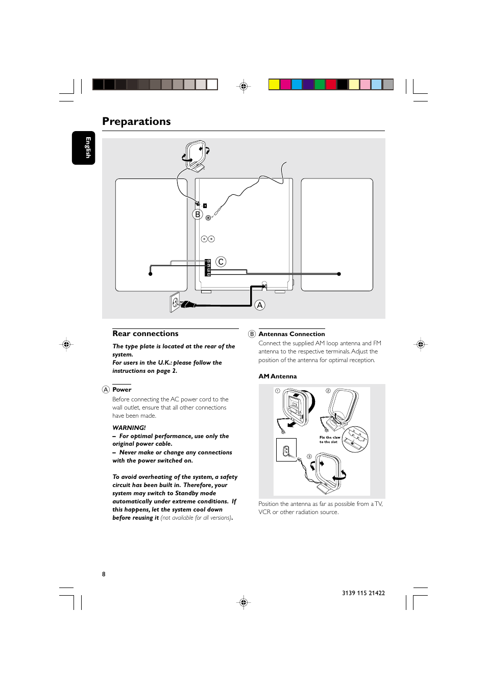 Preparations, Speaker (right) speaker (left), Rear connections | Philips FW-M355 User Manual | Page 8 / 30