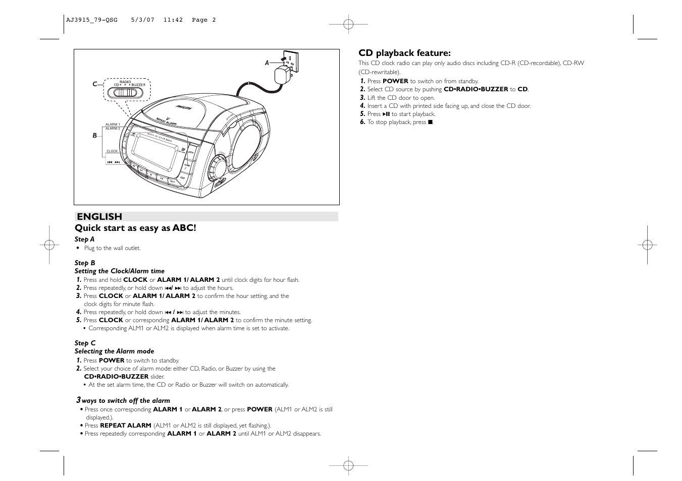 English quick start as easy as abc, Cd playback feature | Philips AJ3915/79 User Manual | Page 2 / 2