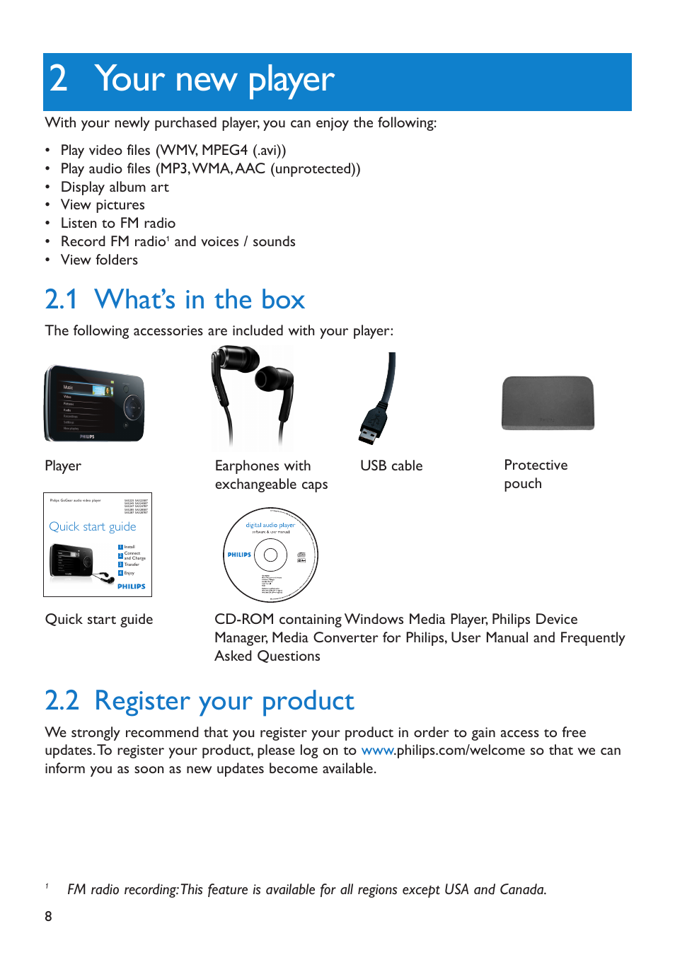 2 your new player, 1 what’s in the box, 2 register your product | Your new player, What’s in the box, Register your product | Philips SA5225 User Manual | Page 10 / 50