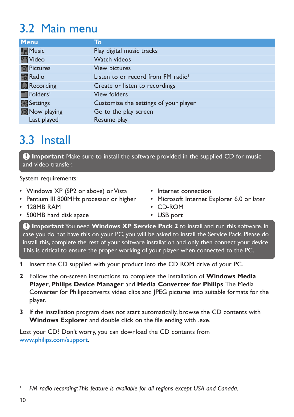 2 main menu, 3 install, Main menu | Install | Philips SA5225 User Manual | Page 12 / 50