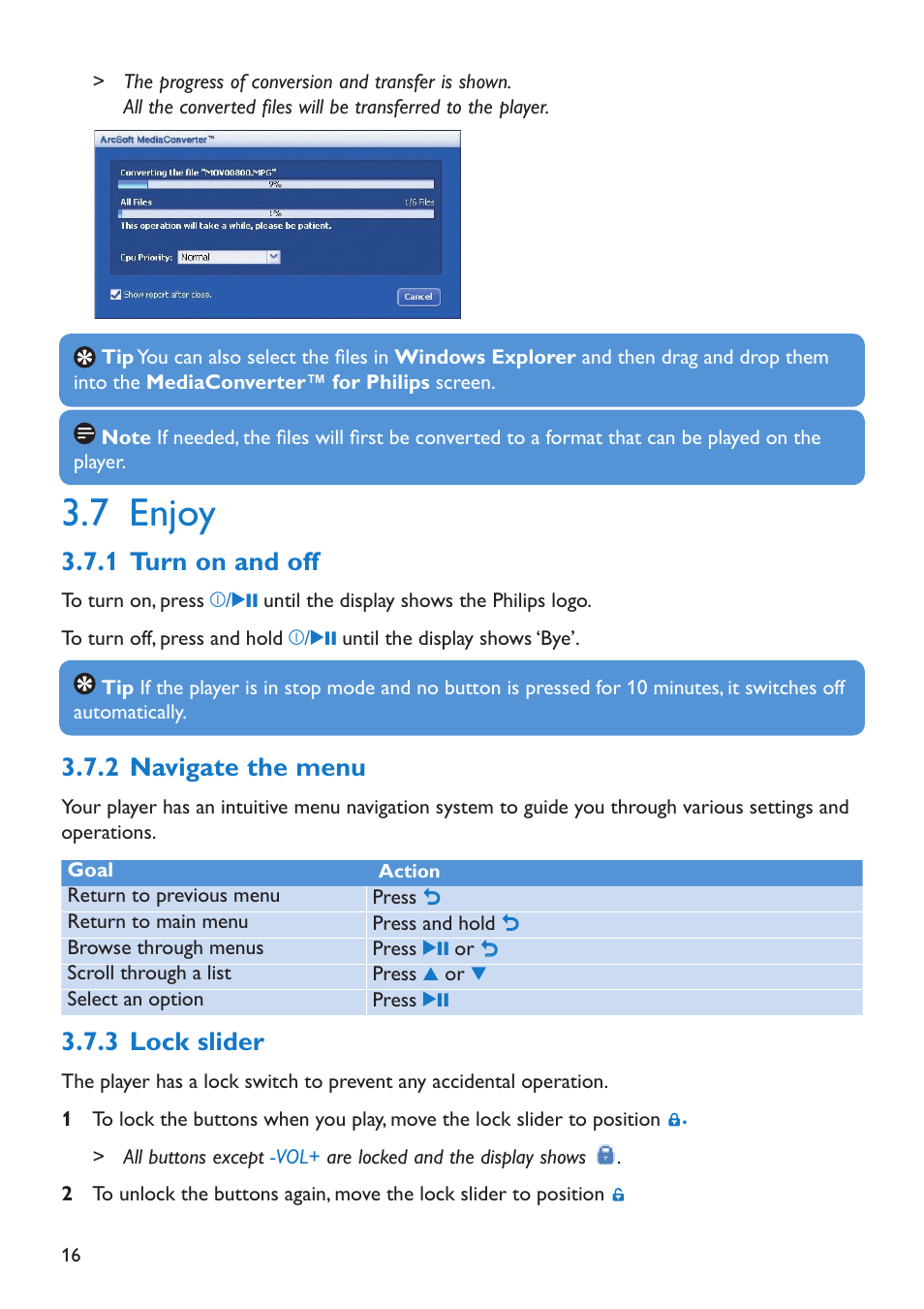7 enjoy, 1 turn on and off, 2 navigate the menu | 3 lock slider | Philips SA5225 User Manual | Page 16 / 50