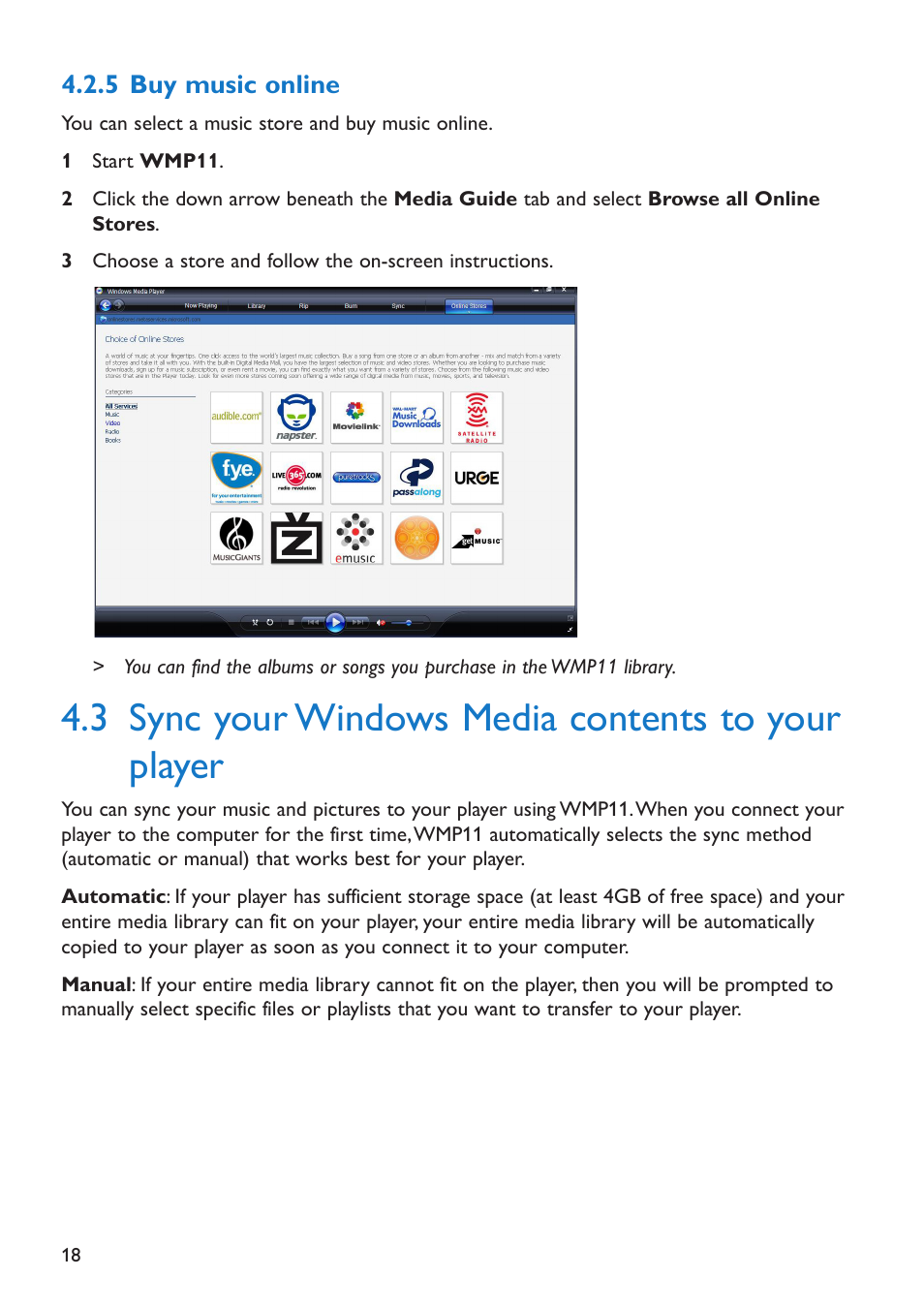 5 buy music online, 3 sync your windows media, Buy music online | Sync your windows media contents to your player, 3 sync your windows media contents to your player | Philips SA5225 User Manual | Page 21 / 50