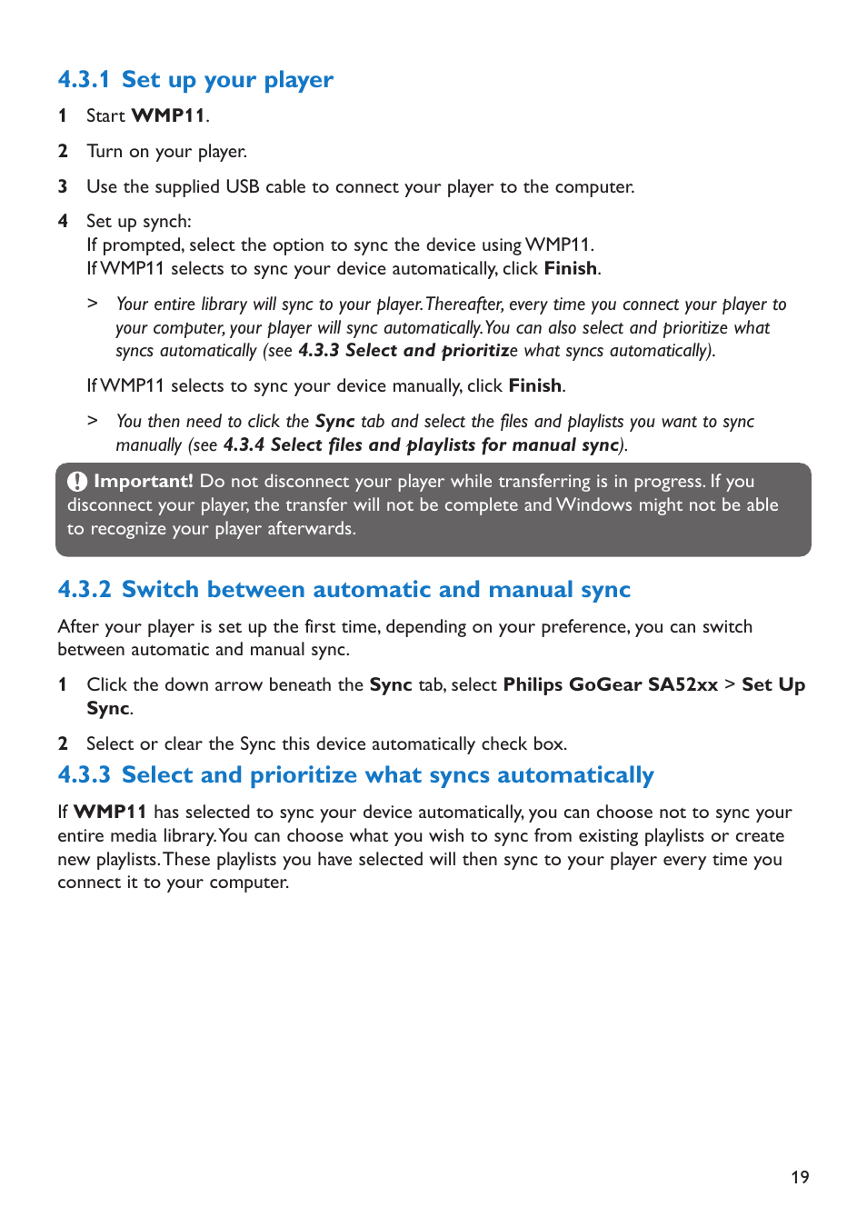 1 set up your player, 2 switch between automat, 3 select and prioritize | Set up your player, Switch between automatic and manual sync, Select and prioritize what syncs automatically, 2 switch between automatic and manual sync, 3 select and prioritize what syncs automatically | Philips SA5225 User Manual | Page 22 / 50