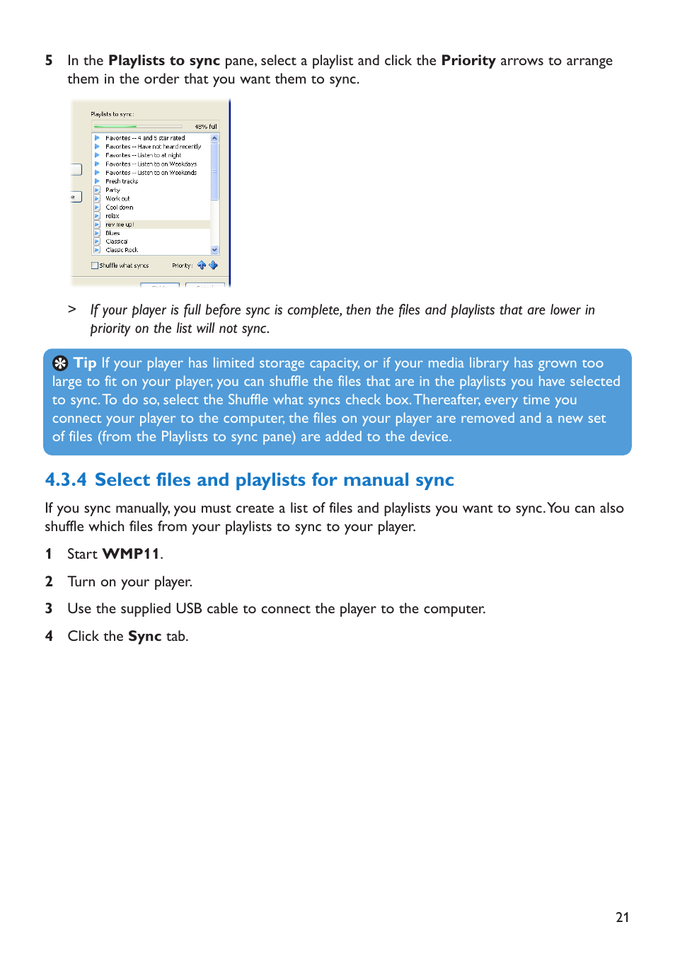 4 select files and playl, Select files and playlists for manual sync, 4 select files and playlists for manual sync | Philips SA5225 User Manual | Page 24 / 50