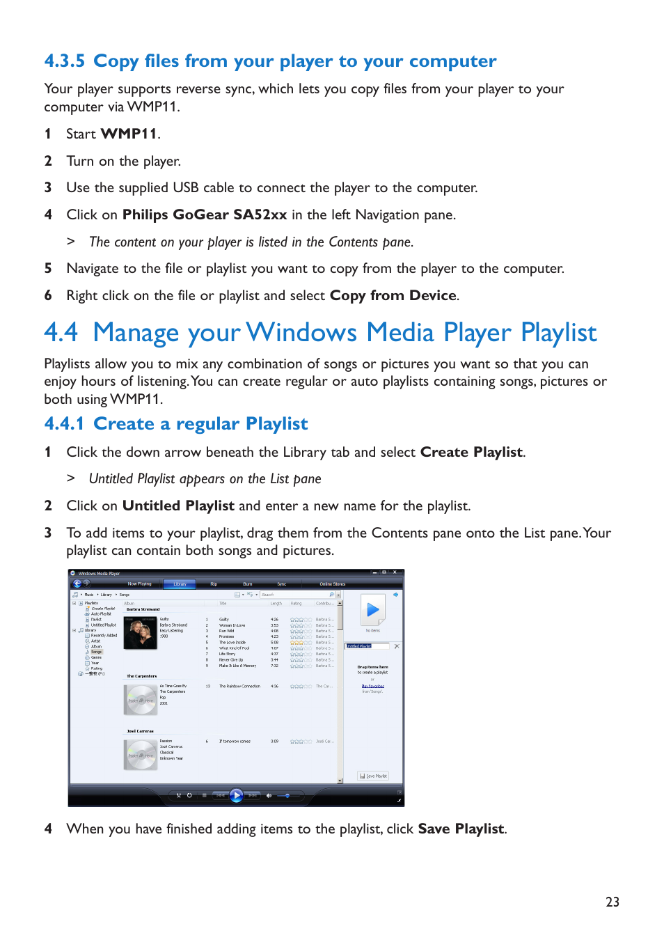 5 copy files from your p, 4 manage your windows medi, 1 create a regular playlist | Copy files from your player to your computer, Manage your windows media player playlist, Create a regular playlist, 4 manage your windows media player playlist, 5 copy files from your player to your computer | Philips SA5225 User Manual | Page 26 / 50