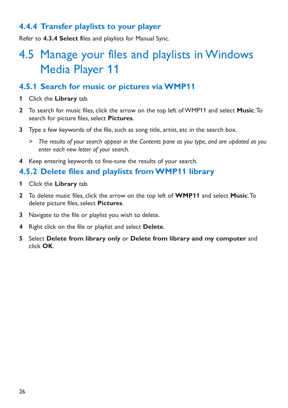 4 transfer playlists to, 5 manage your files and pl, 1 search for music or pi | 2 delete files and playl, Transfer playlists to your player, Search for music or pictures via wmp11, Delete files and playlists from wmp11 library | Philips SA5225 User Manual | Page 29 / 50