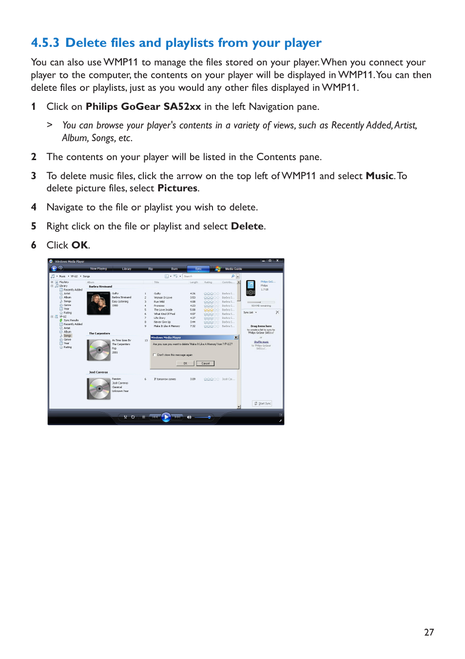 3 delete files and playl, Delete files and playlists from your player, 3 delete files and playlists from your player | Philips SA5225 User Manual | Page 30 / 50