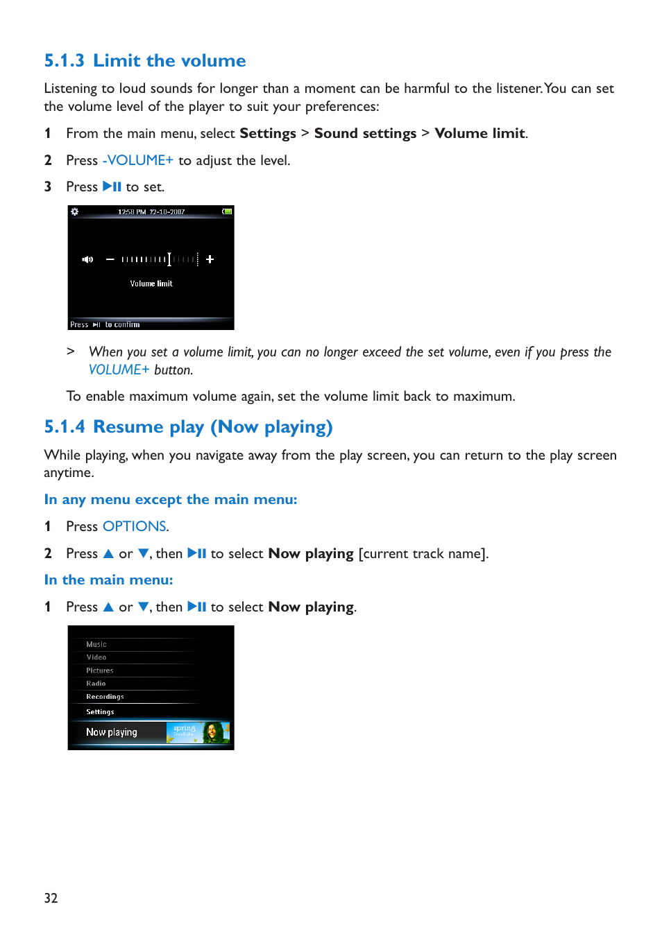 3 limit the volume, 4 resume play (now playing), Limit the volume | Resume play (now playing) | Philips SA5225 User Manual | Page 35 / 50