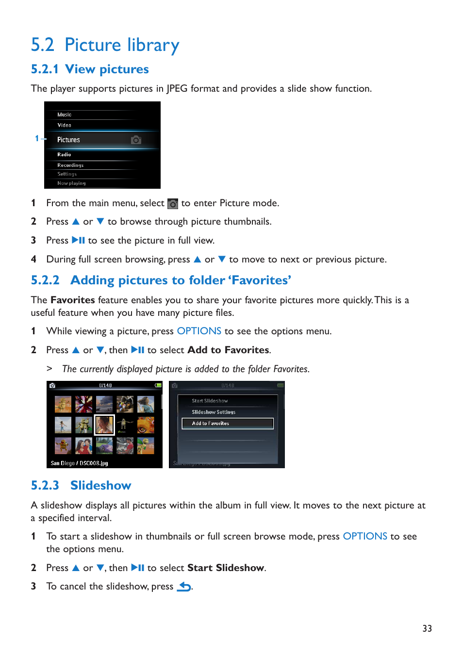 2 picture library, 1 view pictures, 2 adding pictures to fol | 3 slideshow, Picture library, View pictures, Adding pictures to folder ‘favorites, Slideshow, 2 adding pictures to folder ‘favorites | Philips SA5225 User Manual | Page 36 / 50