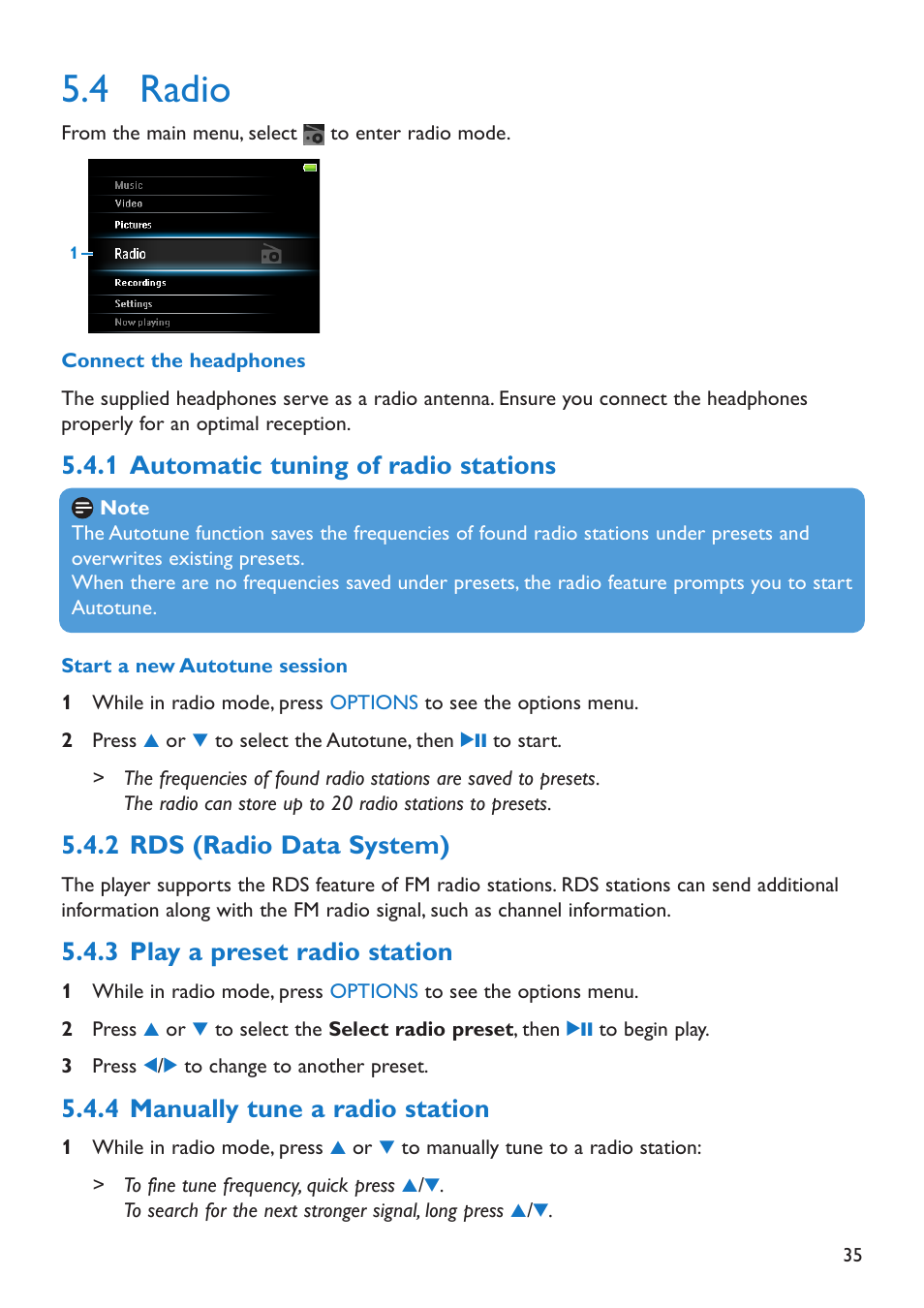 4 radio, 1 automatic tuning of ra, 2 rds (radio data system) | 3 play a preset radio st, 4 manually tune a radio, Radio, Automatic tuning of radio stations, Rds (radio data system), Play a preset radio station, Manually tune a radio station | Philips SA5225 User Manual | Page 38 / 50