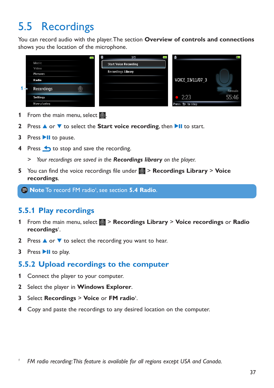 5 recordings, 1 play recordings, 2 upload recordings to t | Recordings, Play recordings, Upload recordings to the computer, 2 upload recordings to the computer | Philips SA5225 User Manual | Page 40 / 50