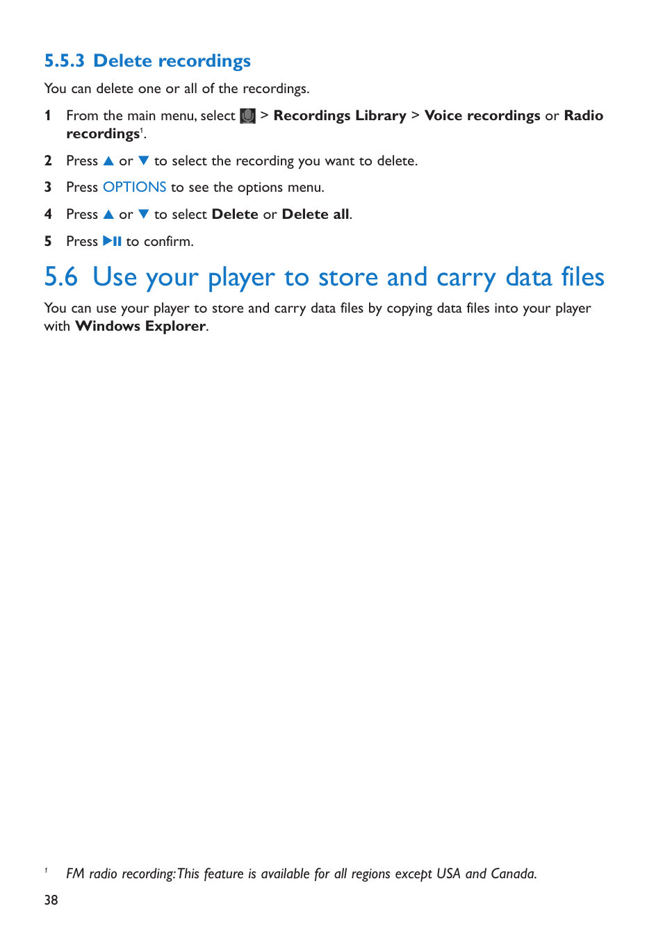 3 delete recordings, 6 use your player to store, Delete recordings | Use your player to store and carry data files, 6 use your player to store and carry data files | Philips SA5225 User Manual | Page 41 / 50