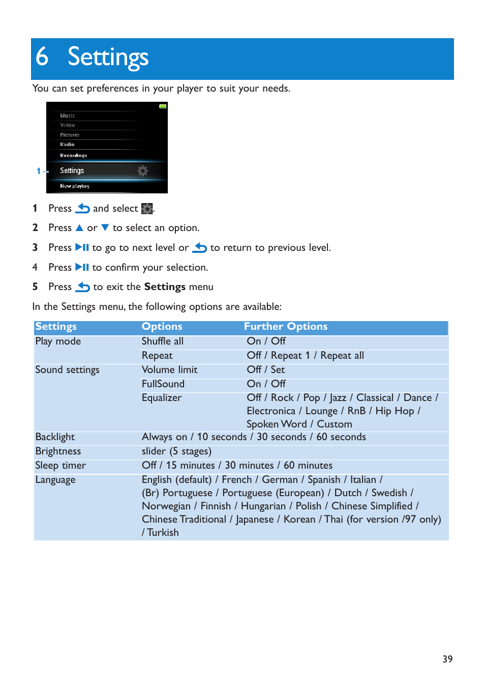 6 settings, Settings | Philips SA5225 User Manual | Page 42 / 50