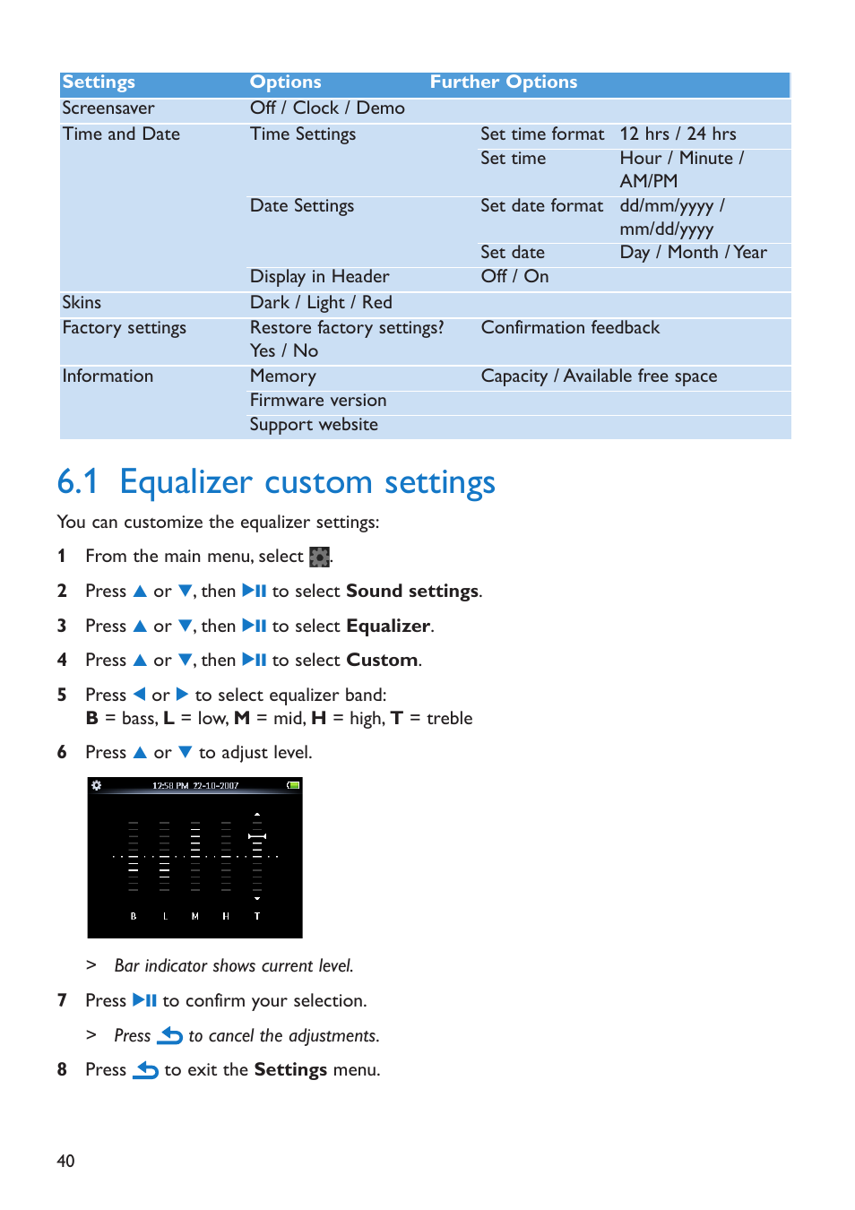 1 equalizer custom settings, Equalizer custom settings | Philips SA5225 User Manual | Page 43 / 50