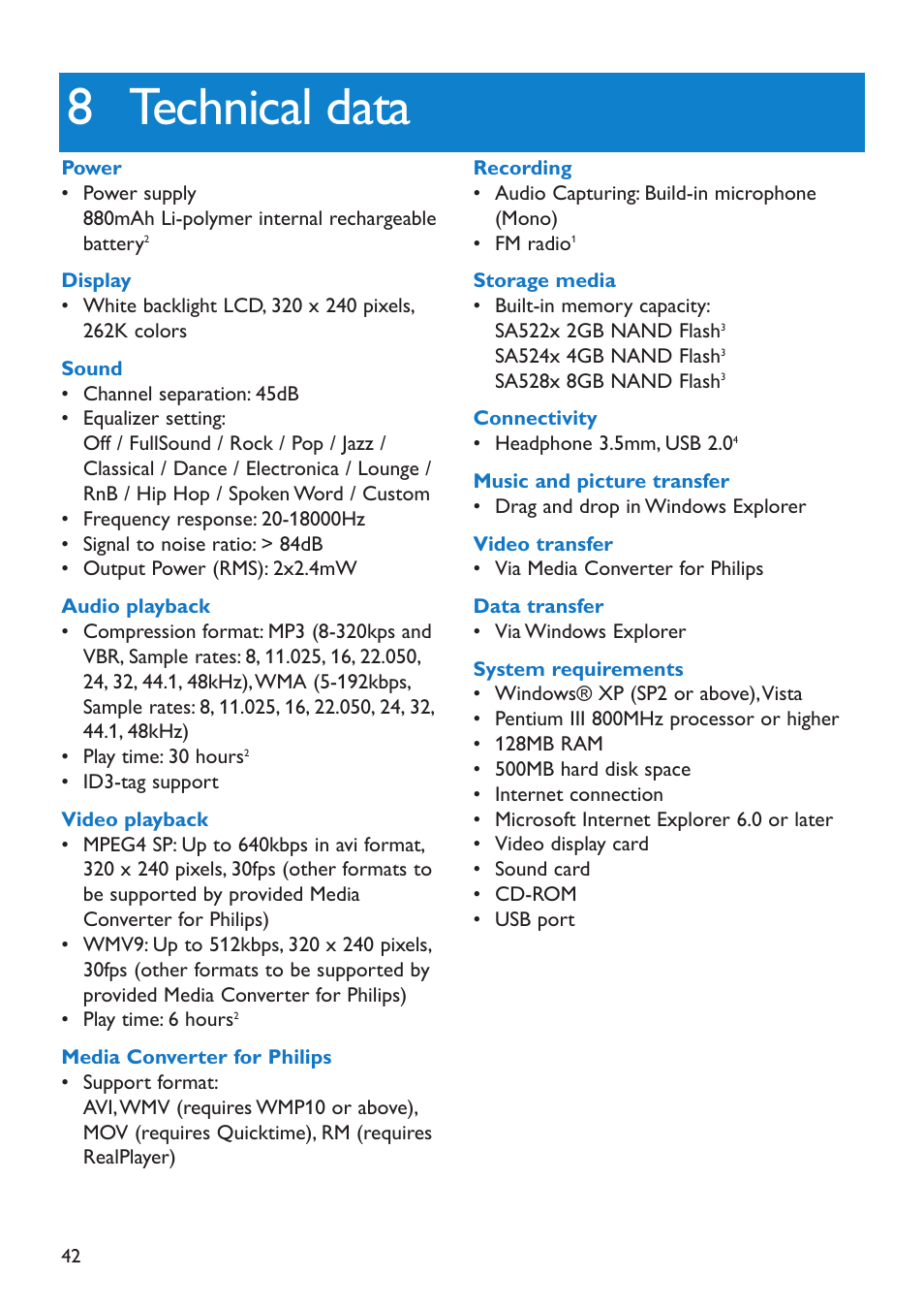 8 technical data, Technical data | Philips SA5225 User Manual | Page 45 / 50