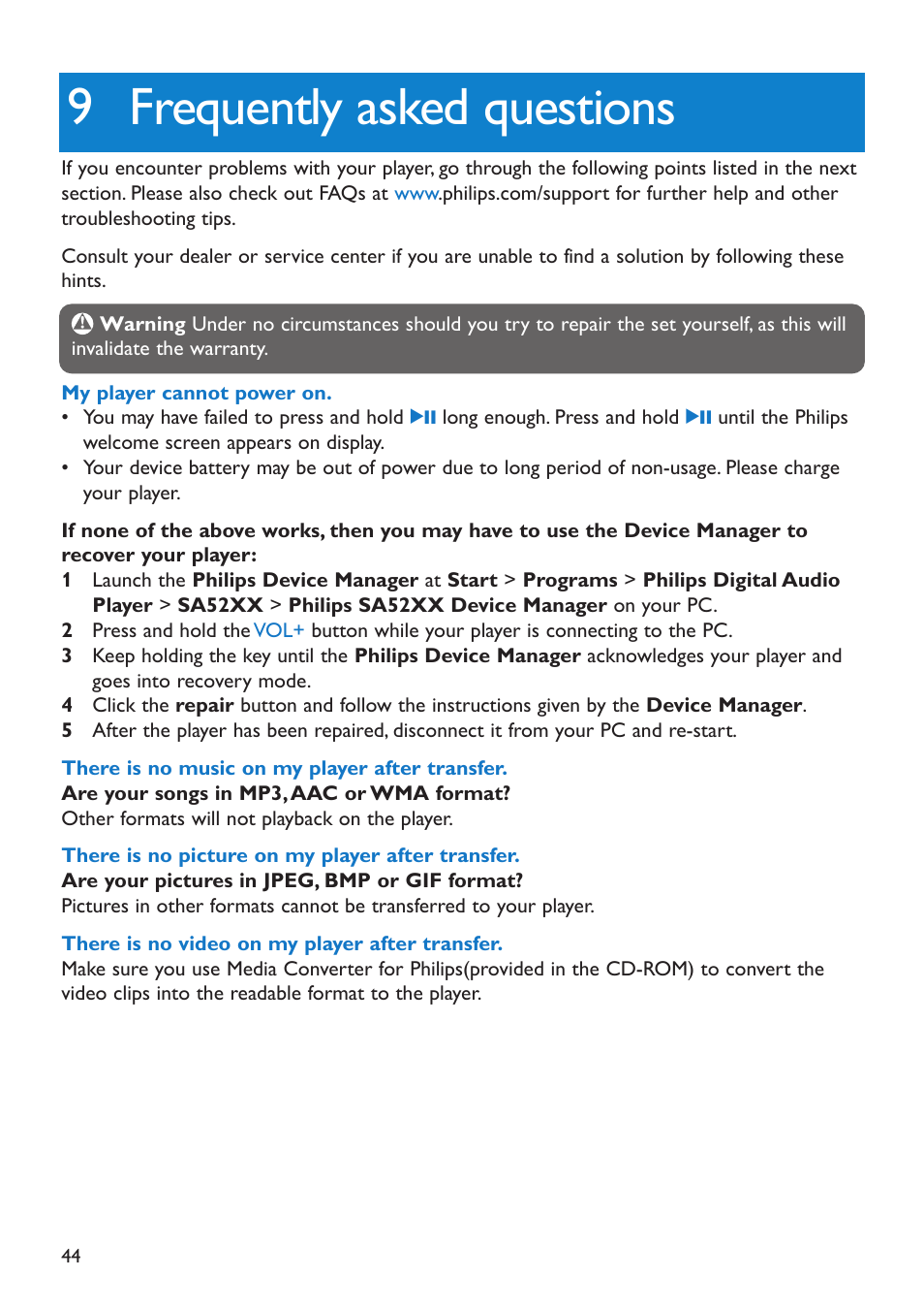 9 frequently asked questions, Frequently asked questions | Philips SA5225 User Manual | Page 47 / 50