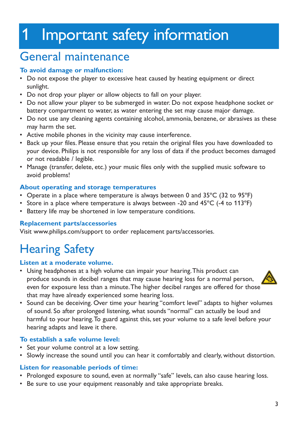 1 important safety information, Important safety information, General maintenance | Hearing safety | Philips SA5225 User Manual | Page 5 / 50