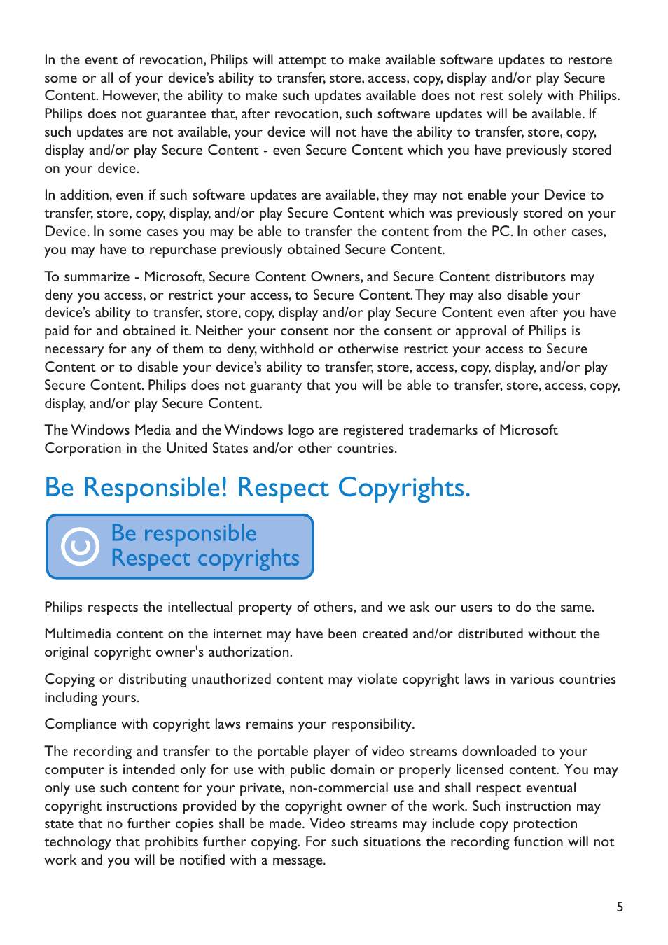 Be responsible! respect copyrights | Philips SA5225 User Manual | Page 7 / 50