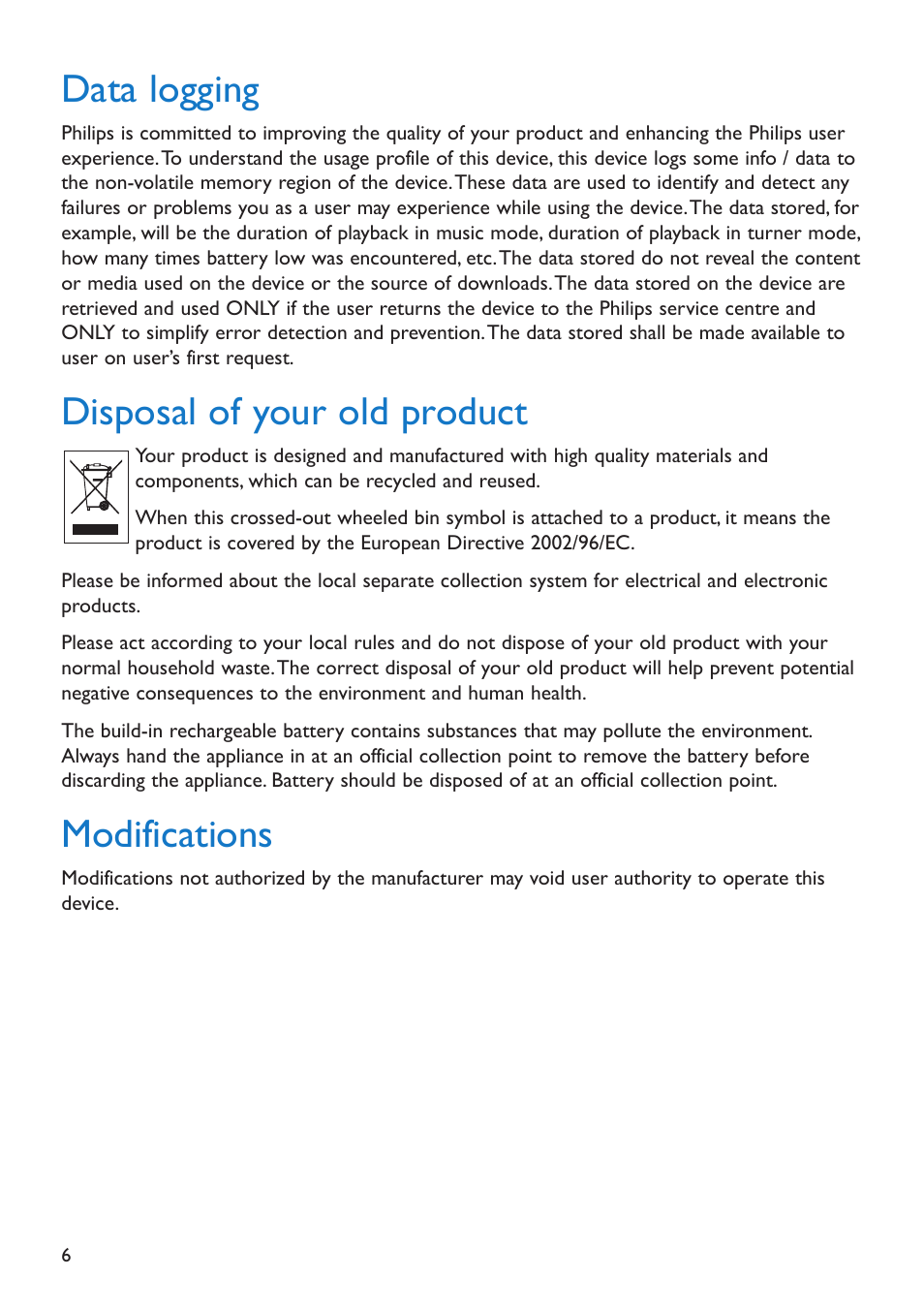 Data logging, Disposal of your old product, Modifications | Philips SA5225 User Manual | Page 8 / 50