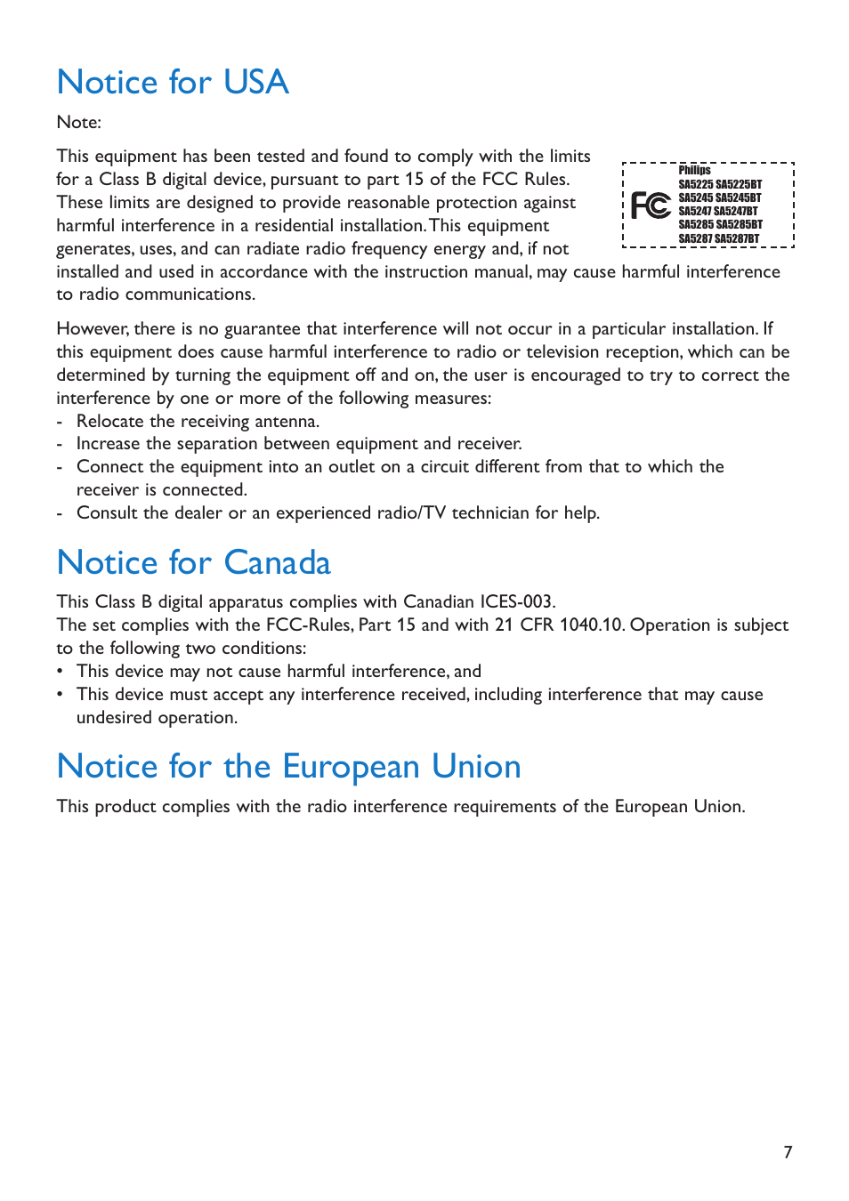 Notice for usa, Notice for canada, Notice for the european union | Philips SA5225 User Manual | Page 9 / 50