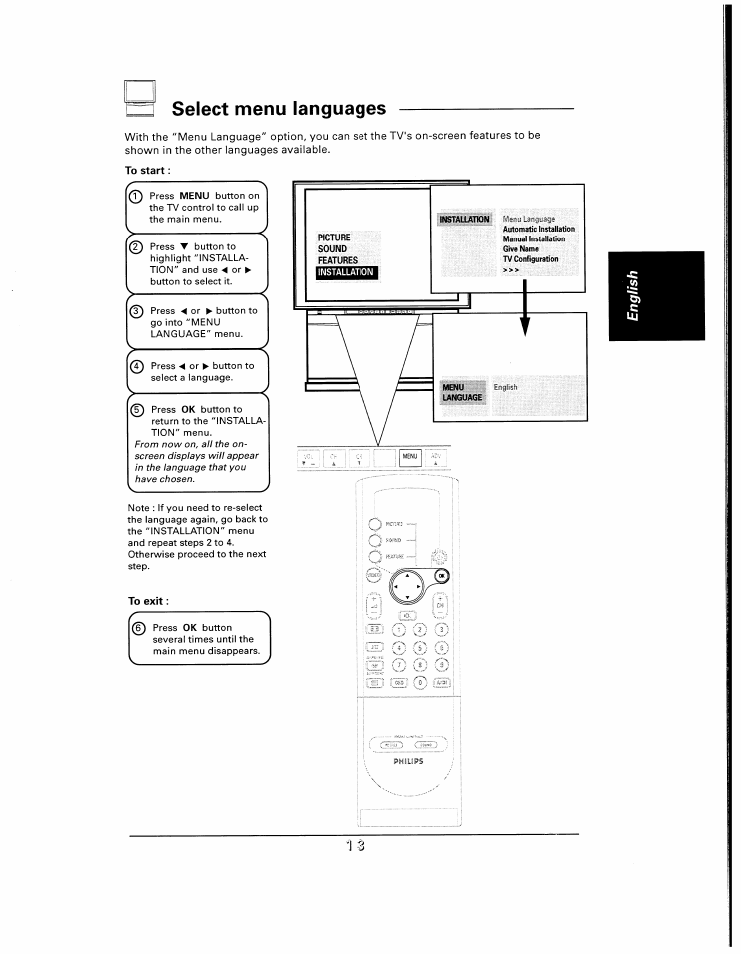 Select menu languages, To start, To exit | Philips 48UP910 User Manual | Page 13 / 52