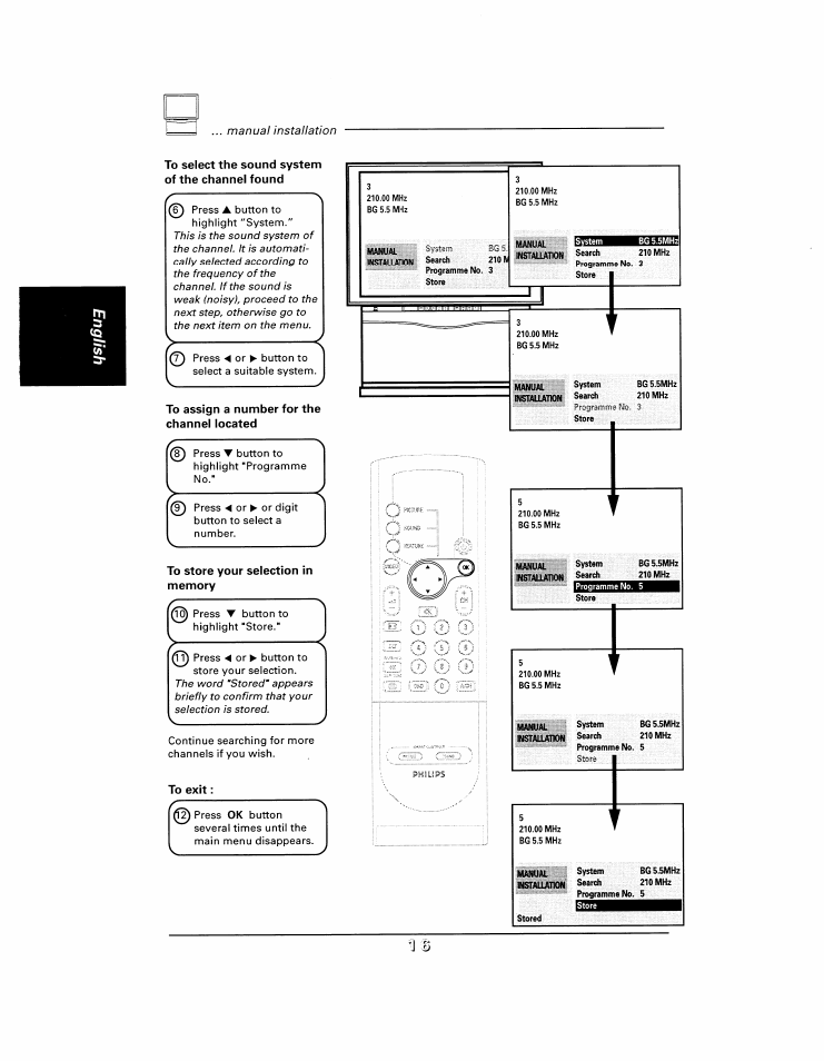 To select the sound system of the channel found, To assign a number for the channel located, To store your selection in memory | To exit, Mmmh | Philips 48UP910 User Manual | Page 16 / 52