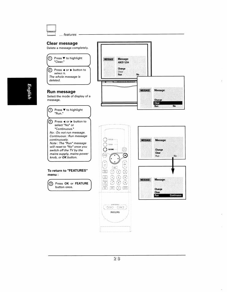 Clear message, Run message, To return to "features** menu | Features | Philips 48UP910 User Manual | Page 28 / 52