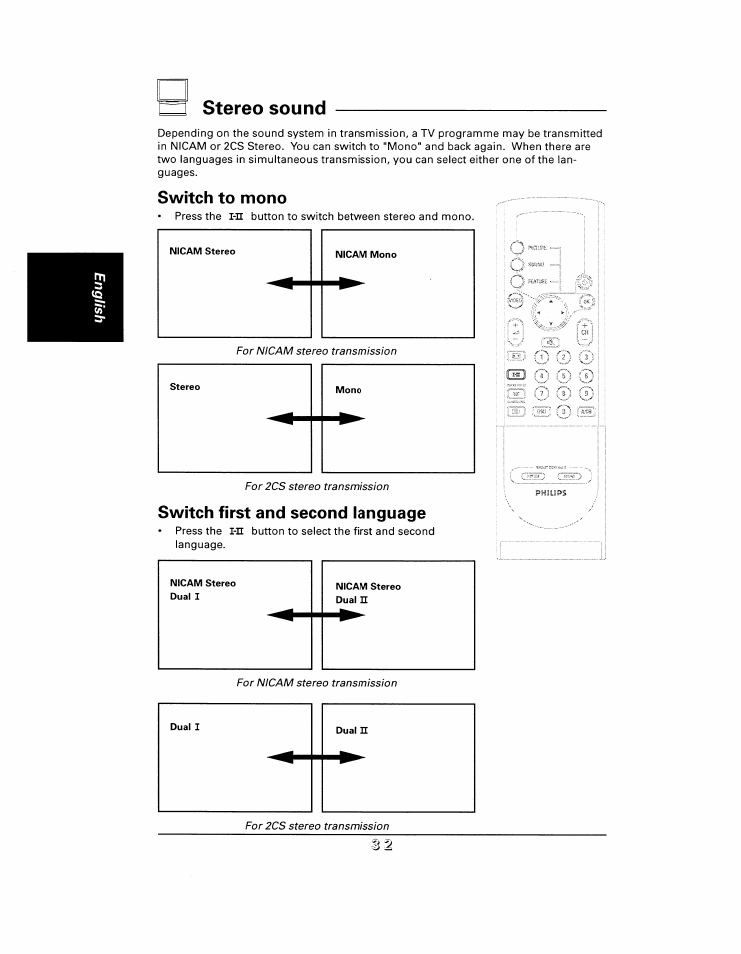 Stereo sound, Switch to mono, Switch first and second language | Philips 48UP910 User Manual | Page 32 / 52