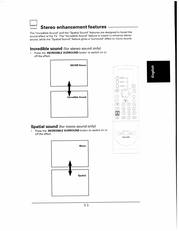 Stereo enhancement features, Incredible sound (for stereo sound only), Spatial sound (for mono sound only) | Philips 48UP910 User Manual | Page 33 / 52