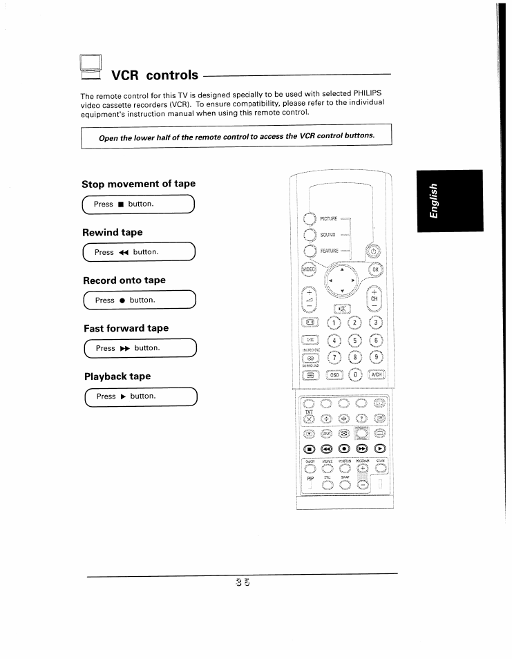 Vcr controls, Stop movement of tape, Rewind tape | Playback tape, Record onto tape, Fast forward tape, C?3© l3 | Philips 48UP910 User Manual | Page 35 / 52
