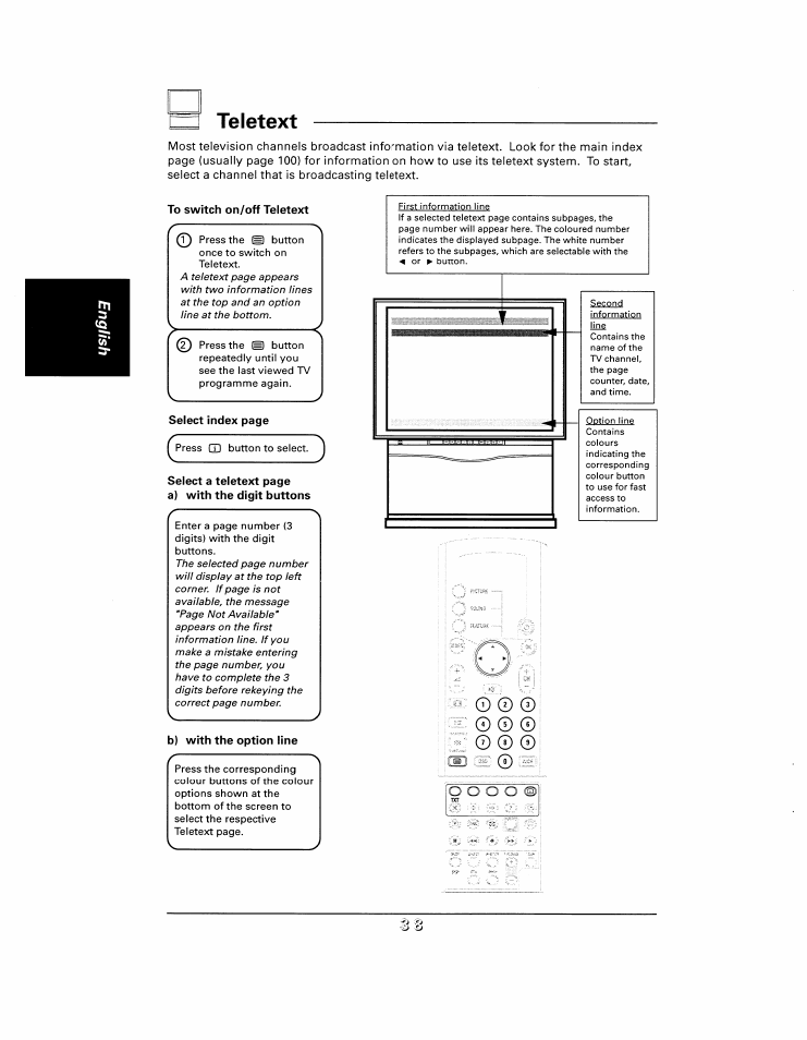 To switch on/off teletext, B) with the option line, Q teletext | Philips 48UP910 User Manual | Page 38 / 52