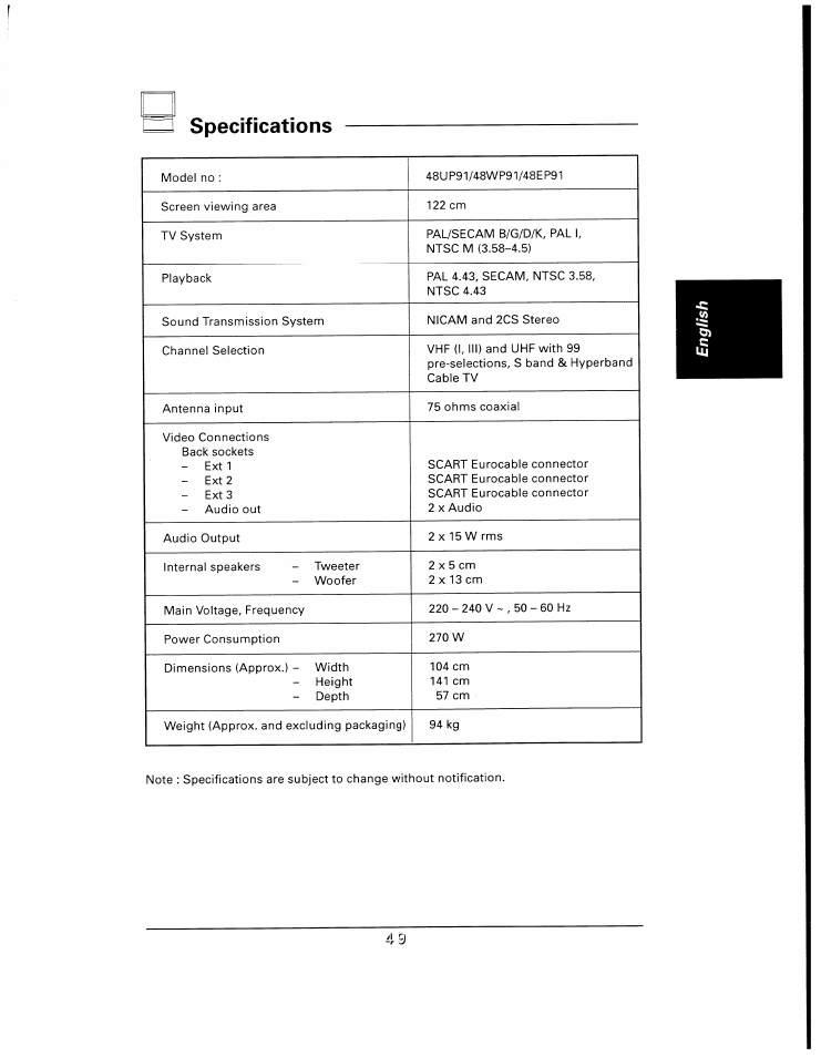 Specifications | Philips 48UP910 User Manual | Page 49 / 52