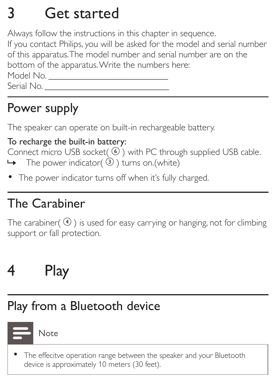 3get started, 4 play, Power supply | The carabiner, Play from a bluetooth device | Philips SBT30 User Manual | Page 12 / 16