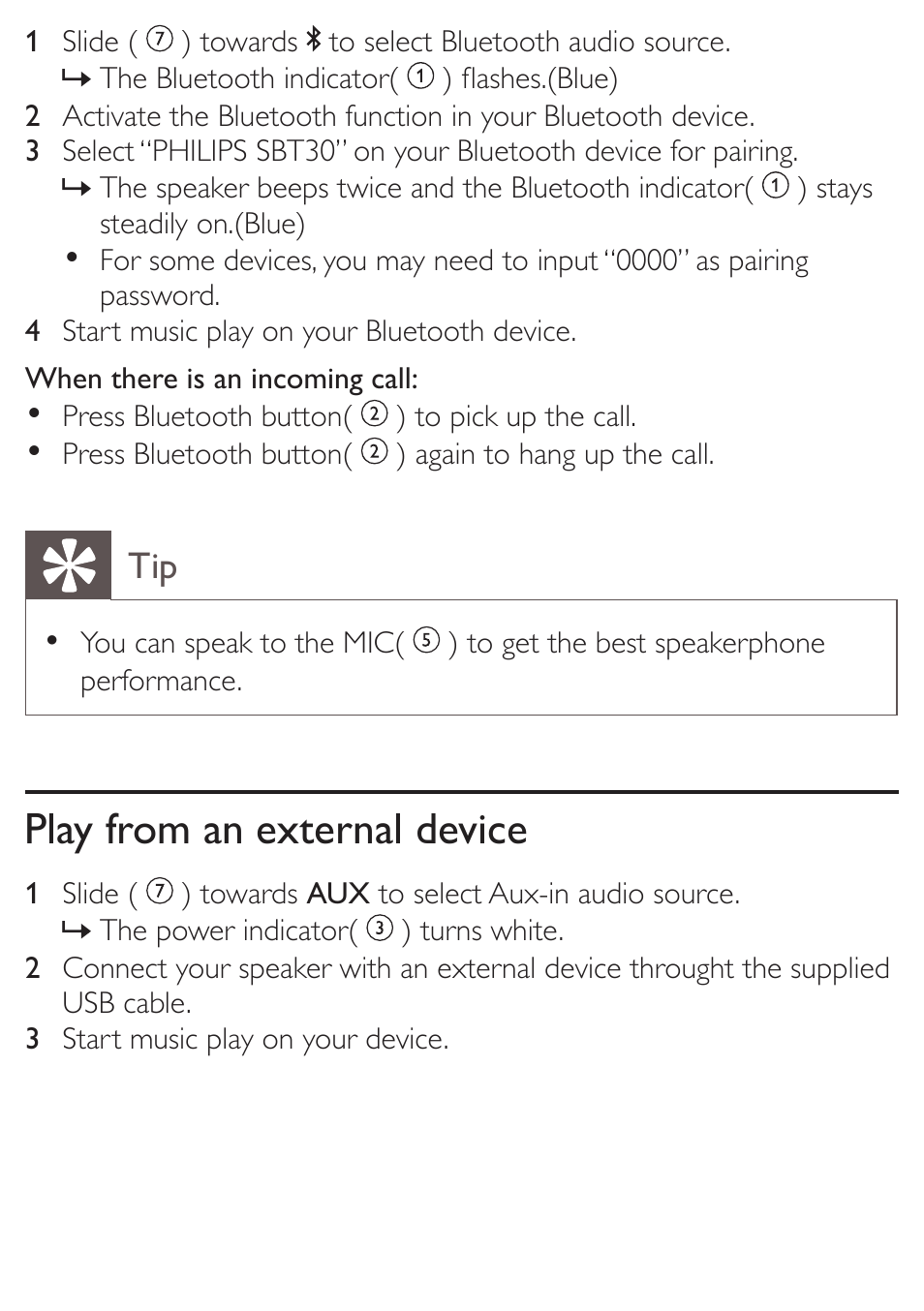 Play from an external device | Philips SBT30 User Manual | Page 13 / 16
